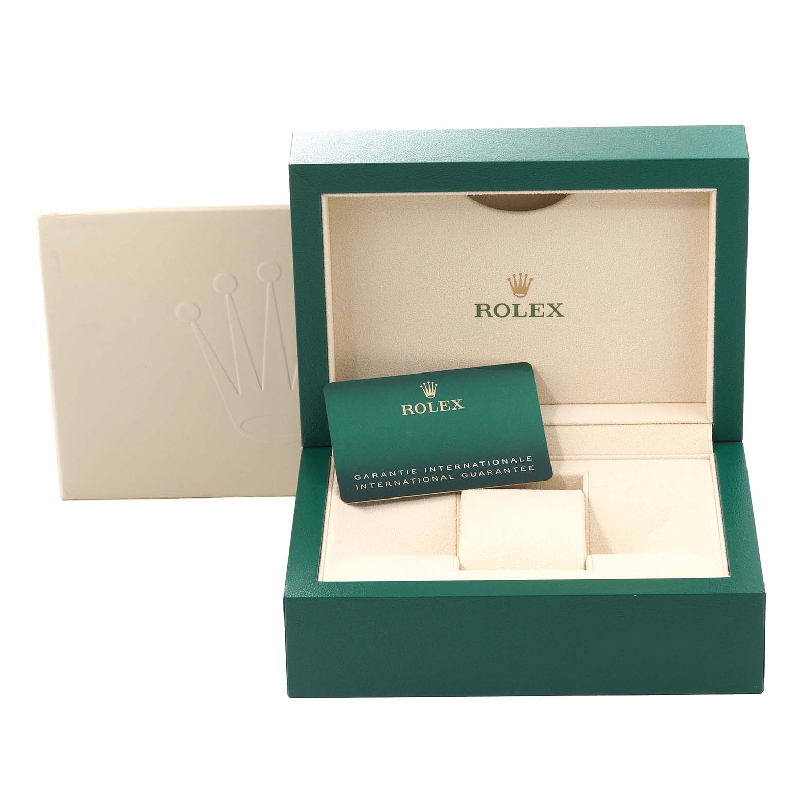 The image shows the open box and guarantee card for a Datejust 41 model by Rolex.