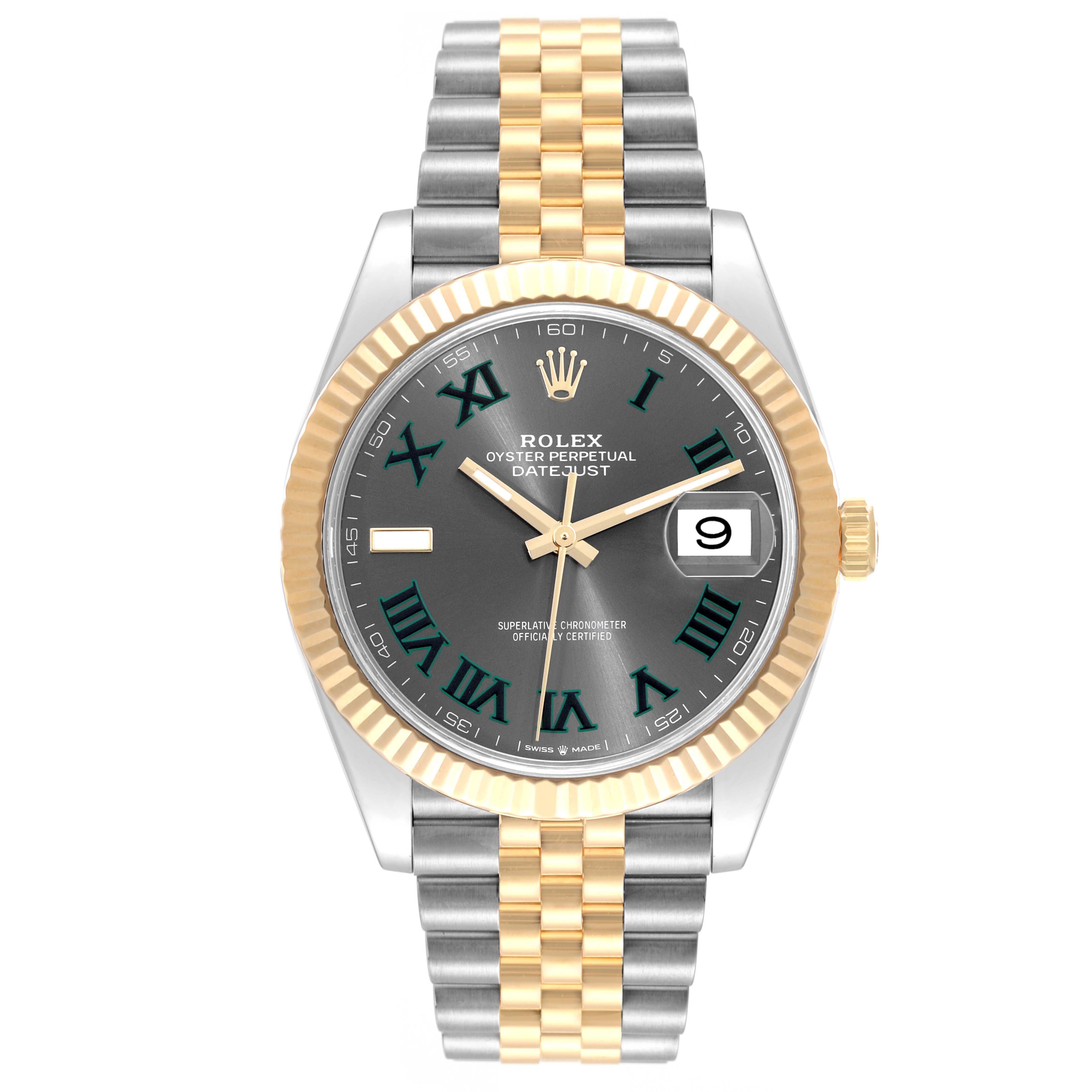 The image shows a front view of the Rolex Datejust 41 126333 Men's Steel and Gold (two tone) Grey Dial 126333 Men's Steel and Gold (two tone) Grey Dial watch, featuring a two-tone bracelet, fluted bezel, and date window.