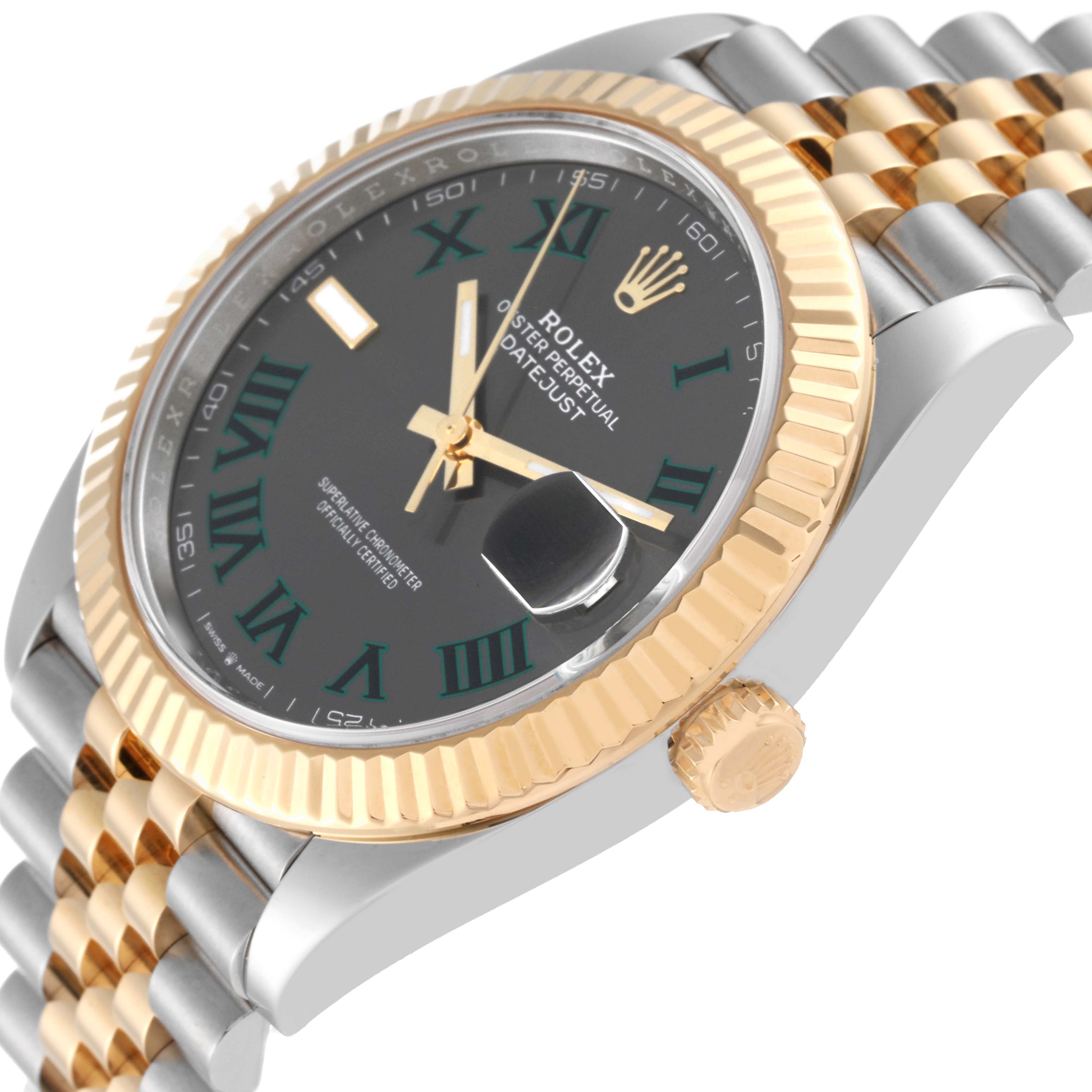 This image shows a side view angle of the Rolex Datejust 41 126333 Men's Steel and Gold (two tone) Grey Dial 126333 Men's Steel and Gold (two tone) Grey Dial, highlighting the bezel, crown, dial, and part of the bracelet.