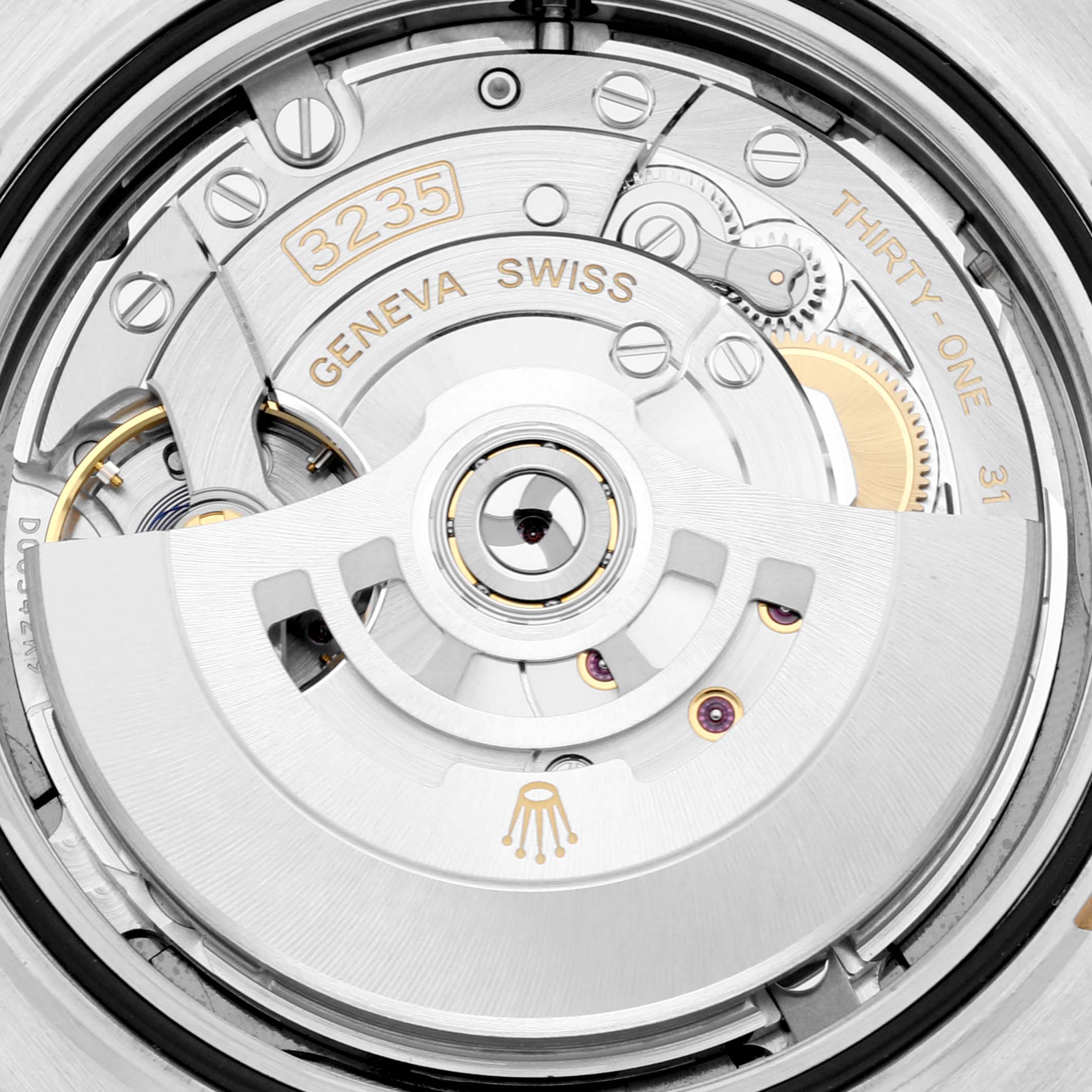 This image shows the movement mechanism of a Rolex Datejust 41 126333 Men's Steel and Gold (two tone) Grey Dial 126333 Men's Steel and Gold (two tone) Grey Dial watch, highlighting the 3235 caliber.