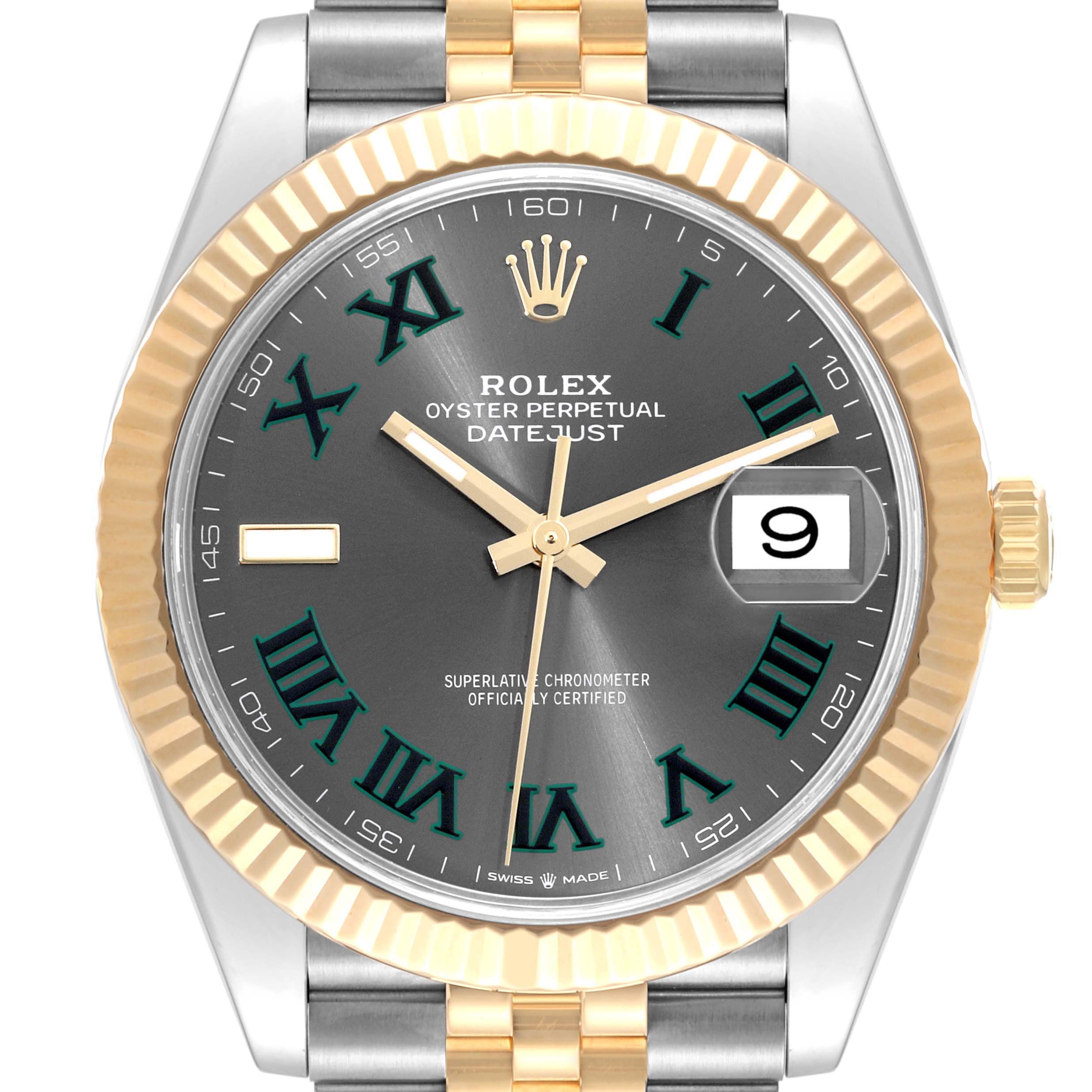 The image shows a front view of the Rolex Datejust 41 126333 Men's Steel and Gold (two tone) Grey Dial 126333 Men's Steel and Gold (two tone) Grey Dial watch, highlighting its grey dial, gold fluted bezel, and date window.