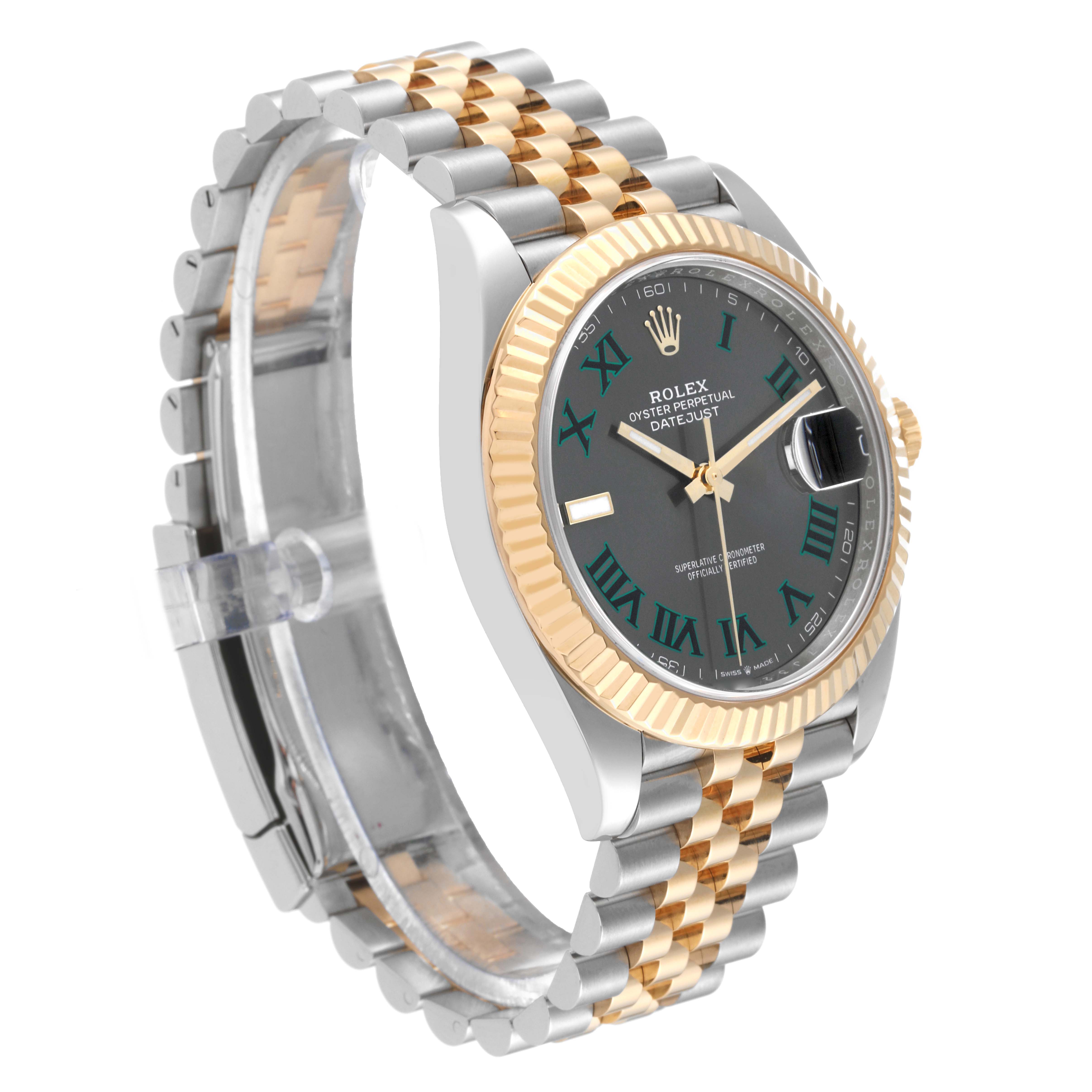 The Rolex Datejust 41 126333 Men's Steel and Gold (two tone) Grey Dial 126333 Men's Steel and Gold (two tone) Grey Dial watch is shown at a three-quarter angle, displaying its face, bezel, and two-tone bracelet.