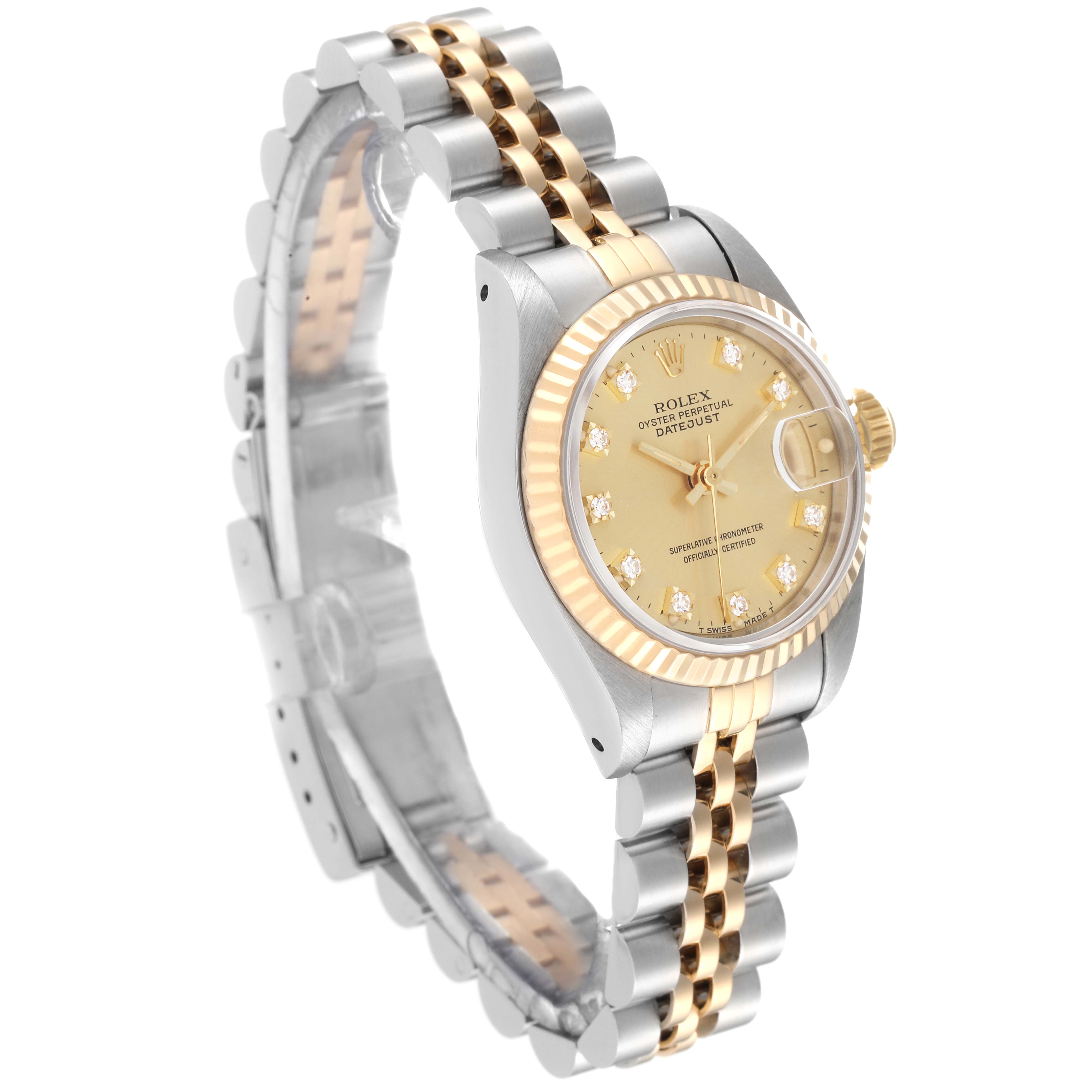 The image shows a Rolex Datejust 69173 Women's Steel and Gold (two tone) Champagne Dial 69173 Women's Steel and Gold (two tone) Champagne Dial watch at a slight angle, highlighting its gold and silver bracelet, fluted bezel, and champagne dial.