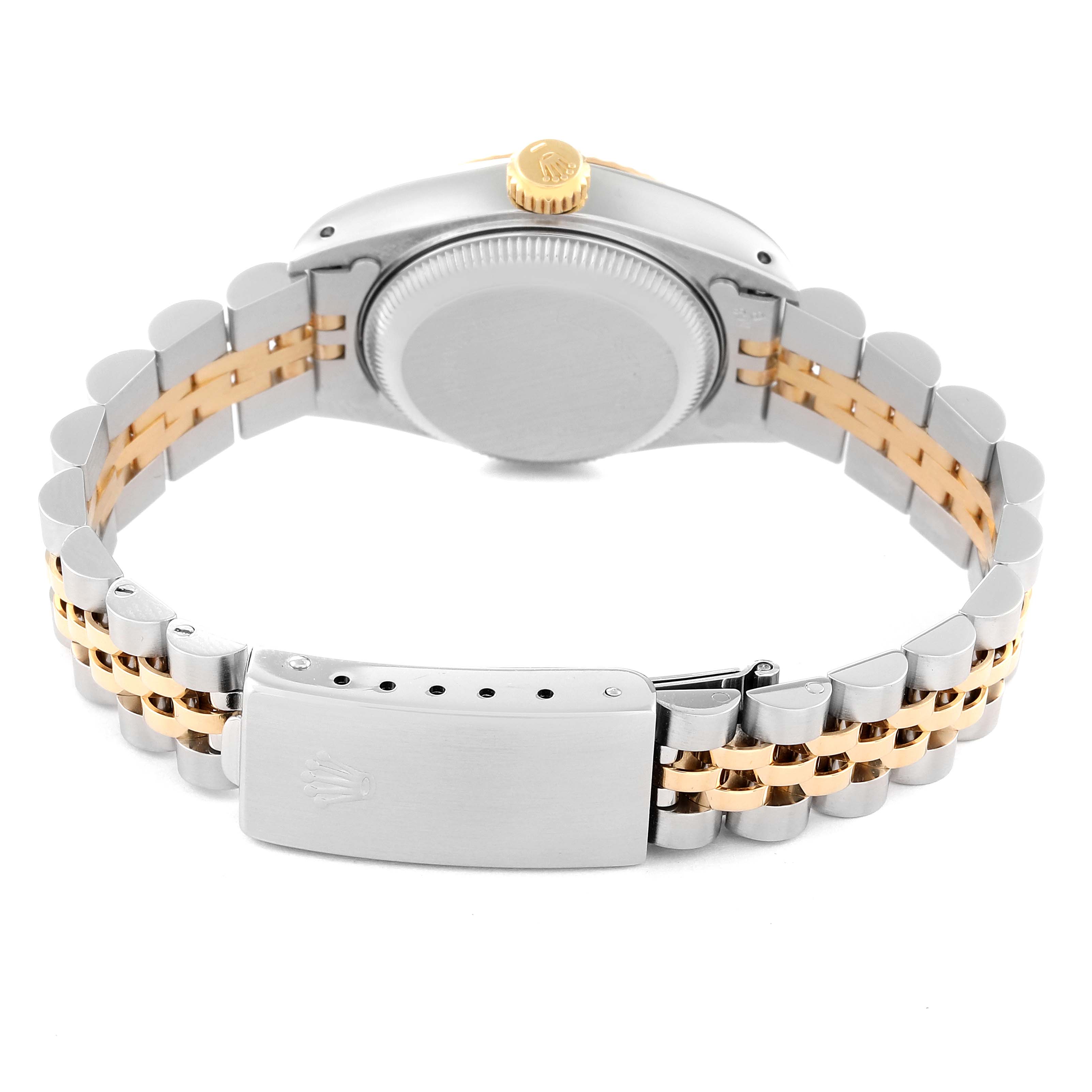 The image shows the back of a Rolex Datejust 69173 Women's Steel and Gold (two tone) Champagne Dial 69173 Women's Steel and Gold (two tone) Champagne Dial watch, including the case back, crown, and the clasp of the two-tone bracelet.