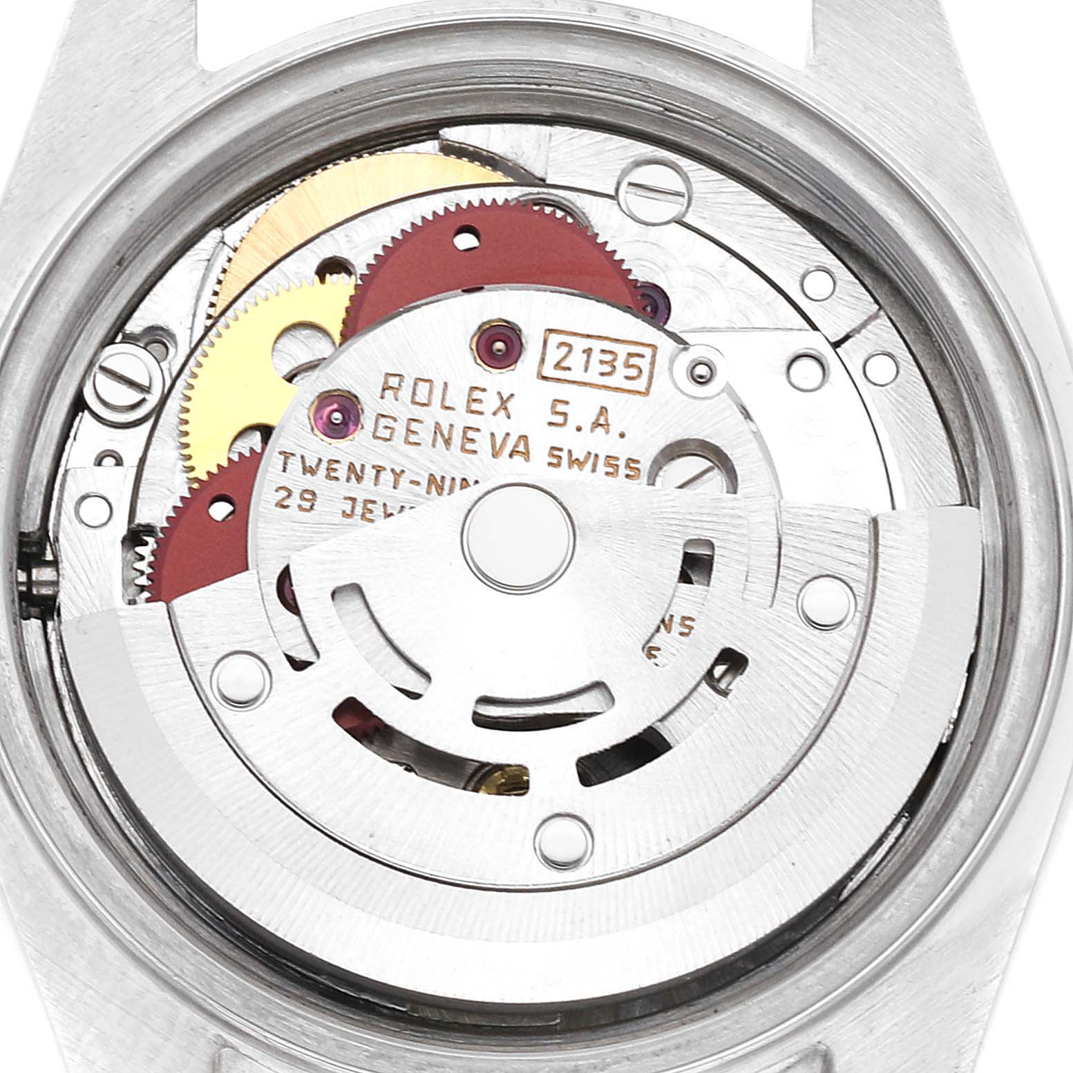 The image shows the back angle of a Rolex Datejust 69173 Women's Steel and Gold (two tone) Champagne Dial 69173 Women's Steel and Gold (two tone) Champagne Dial watch, specifically its internal movement and mechanics.