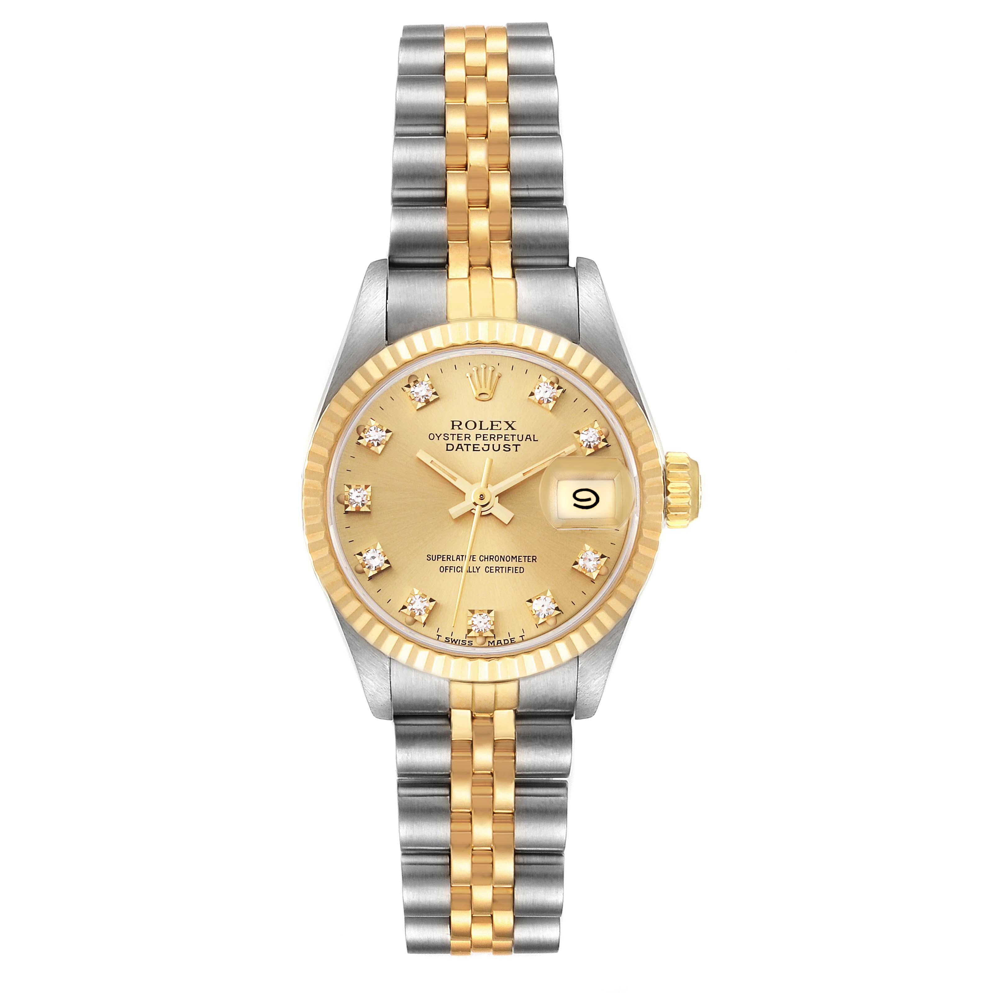 The image shows a front view of a Rolex Datejust 69173 Women's Steel and Gold (two tone) Champagne Dial 69173 Women's Steel and Gold (two tone) Champagne Dial watch, highlighting its two-tone bracelet and gold dial with diamond hour markers.