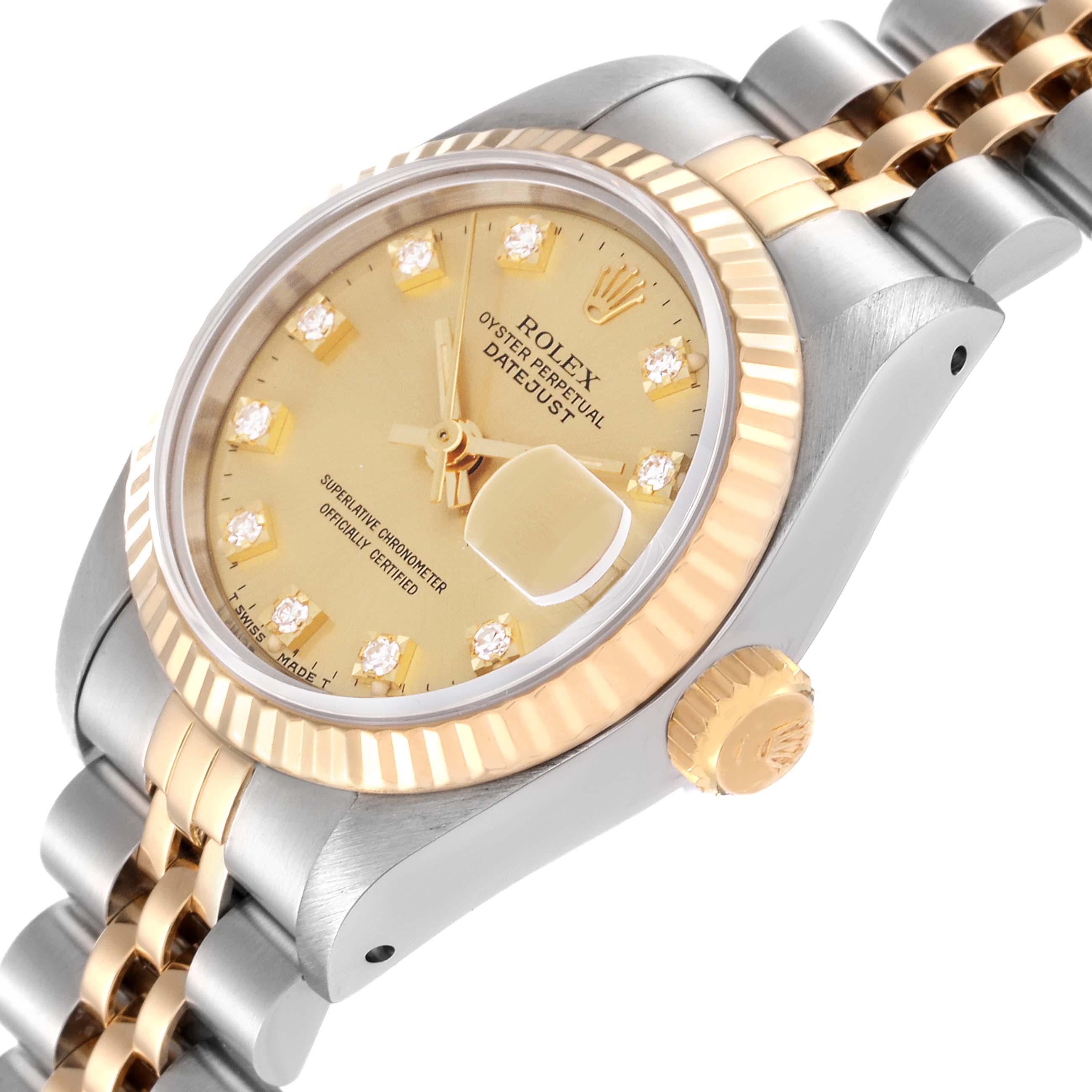 The image shows a close-up of the Rolex Datejust 69173 Women's Steel and Gold (two tone) Champagne Dial 69173 Women's Steel and Gold (two tone) Champagne Dial model's dial, bezel, crown, and part of the bracelet at a side angle.