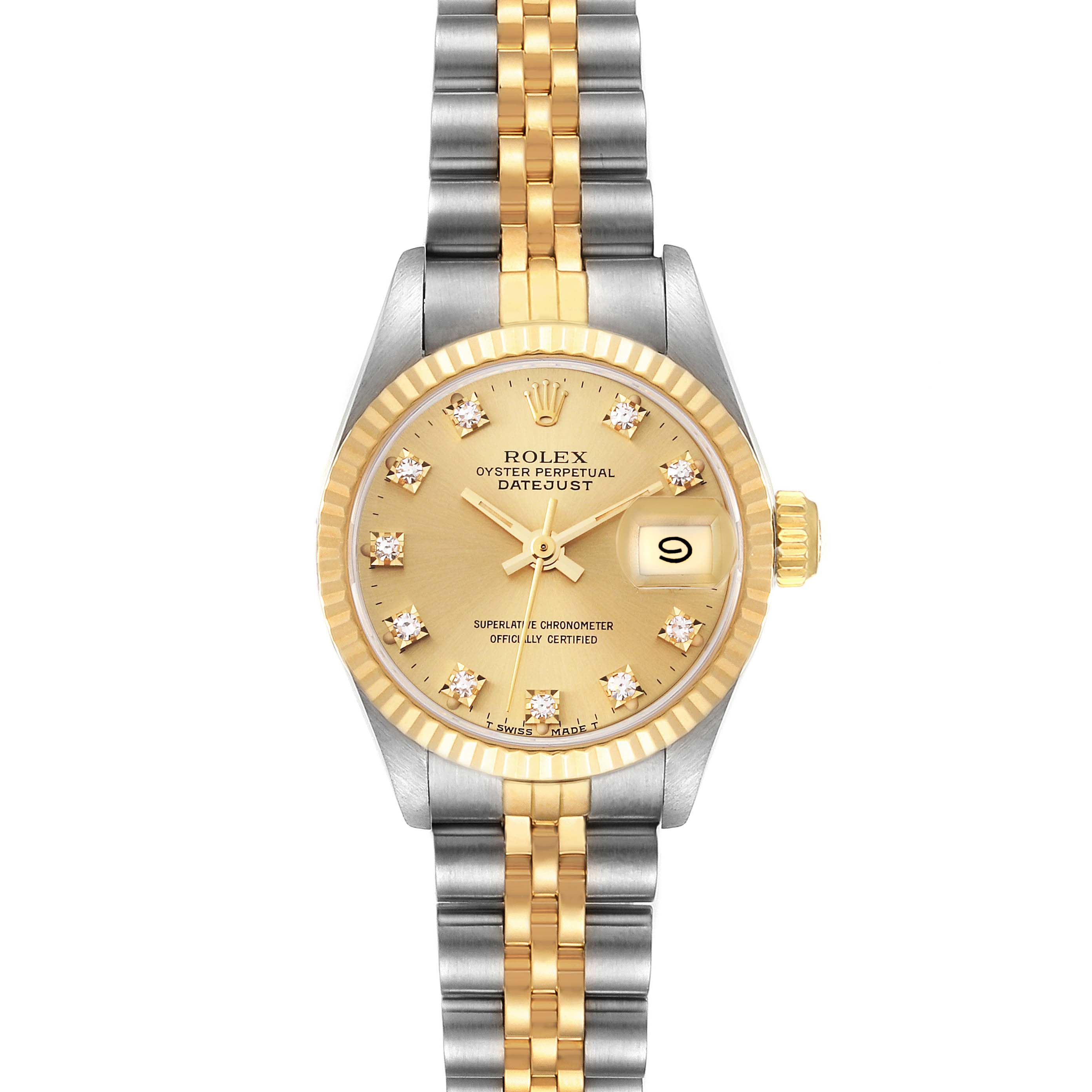 The image shows a front view of a Rolex Datejust 69173 Women's Steel and Gold (two tone) Champagne Dial 69173 Women's Steel and Gold (two tone) Champagne Dial watch, highlighting the gold and silver bracelet, dial, and date window.