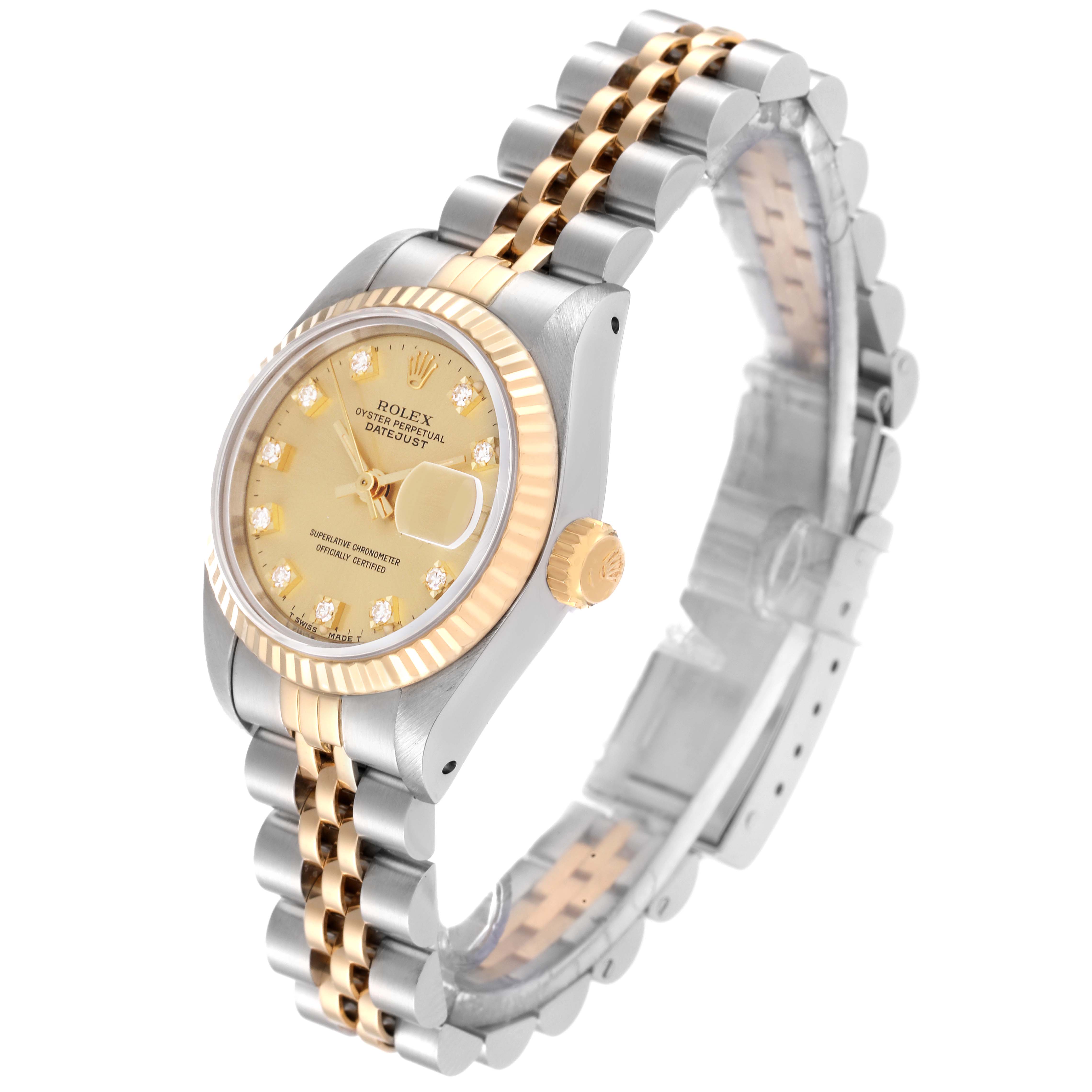 This image shows a Rolex Datejust 69173 Women's Steel and Gold (two tone) Champagne Dial 69173 Women's Steel and Gold (two tone) Champagne Dial watch from an angled view displaying the face, crown, and two-tone bracelet.