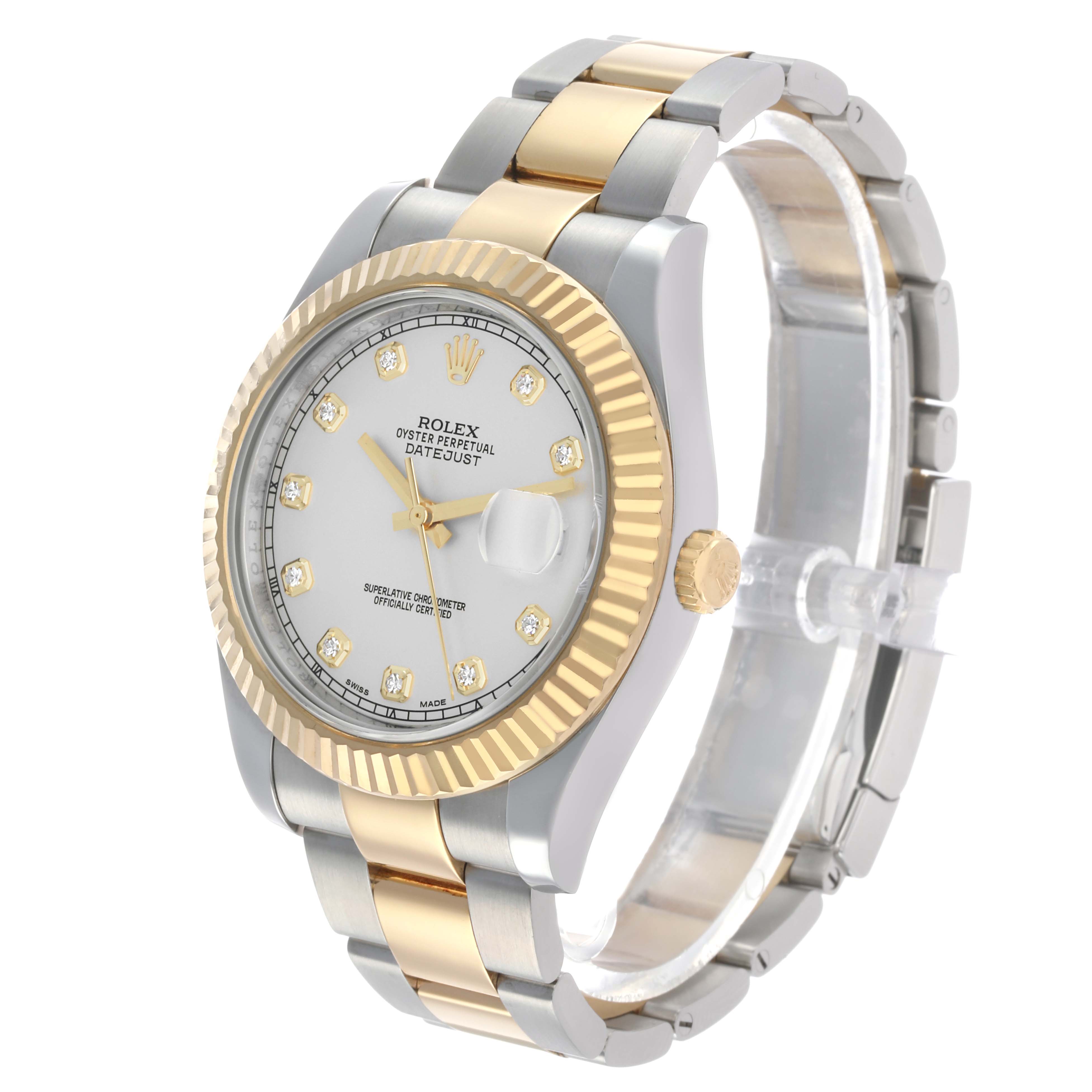 The Rolex Datejust 41 116333 Men's Steel and Gold (two tone) Silver Dial is shown at a three-quarter angle, highlighting the dial, fluted bezel, crown, and bracelet.