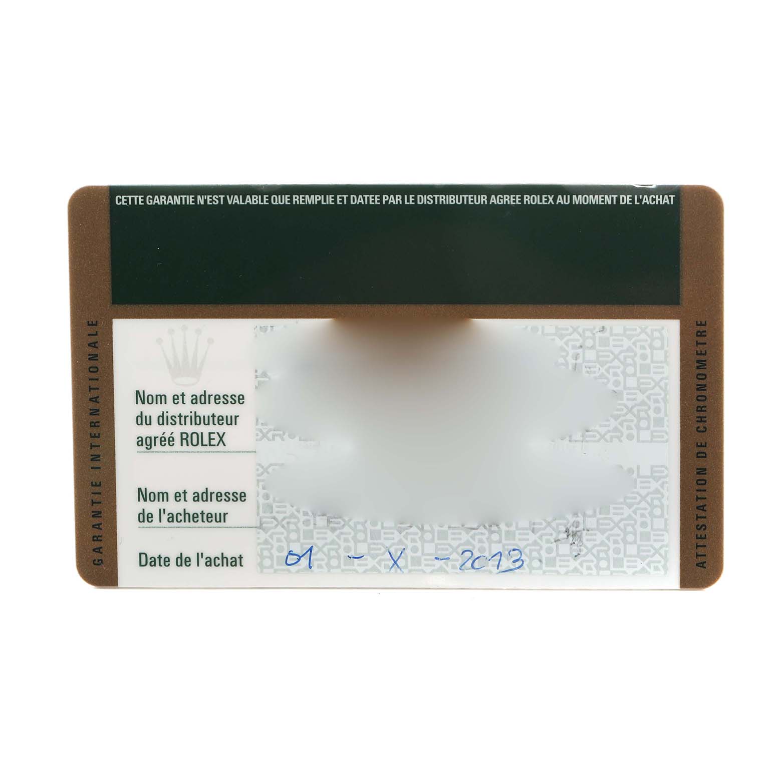 The image shows a warranty card for a Rolex Datejust 41 116333 Men's Steel and Gold (two tone) Silver Dial, displaying purchaser and distributor details.