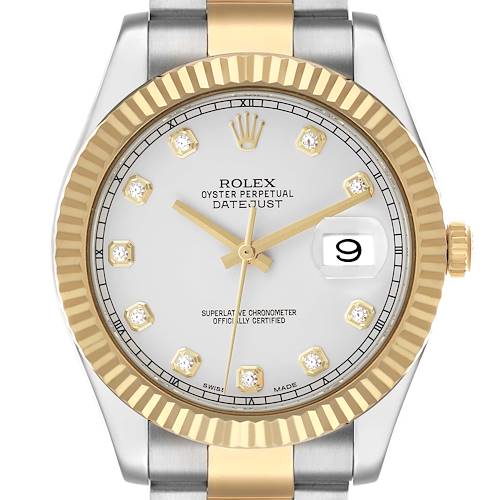 The Rolex Datejust 41 116333 Men's Steel and Gold (two tone) Silver Dial is shown from the front, highlighting the dial, gold bezel, and stainless steel and gold bracelet.