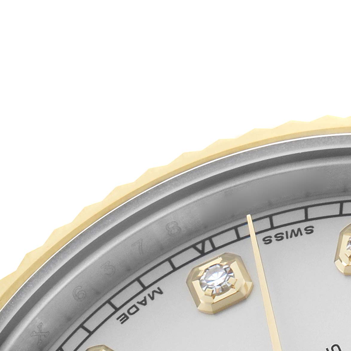 The image shows a close-up of the Rolex Datejust 41 116333 Men's Steel and Gold (two tone) Silver Dial watch's bezel, dial, and diamond markers viewed from a slightly angled top perspective.
