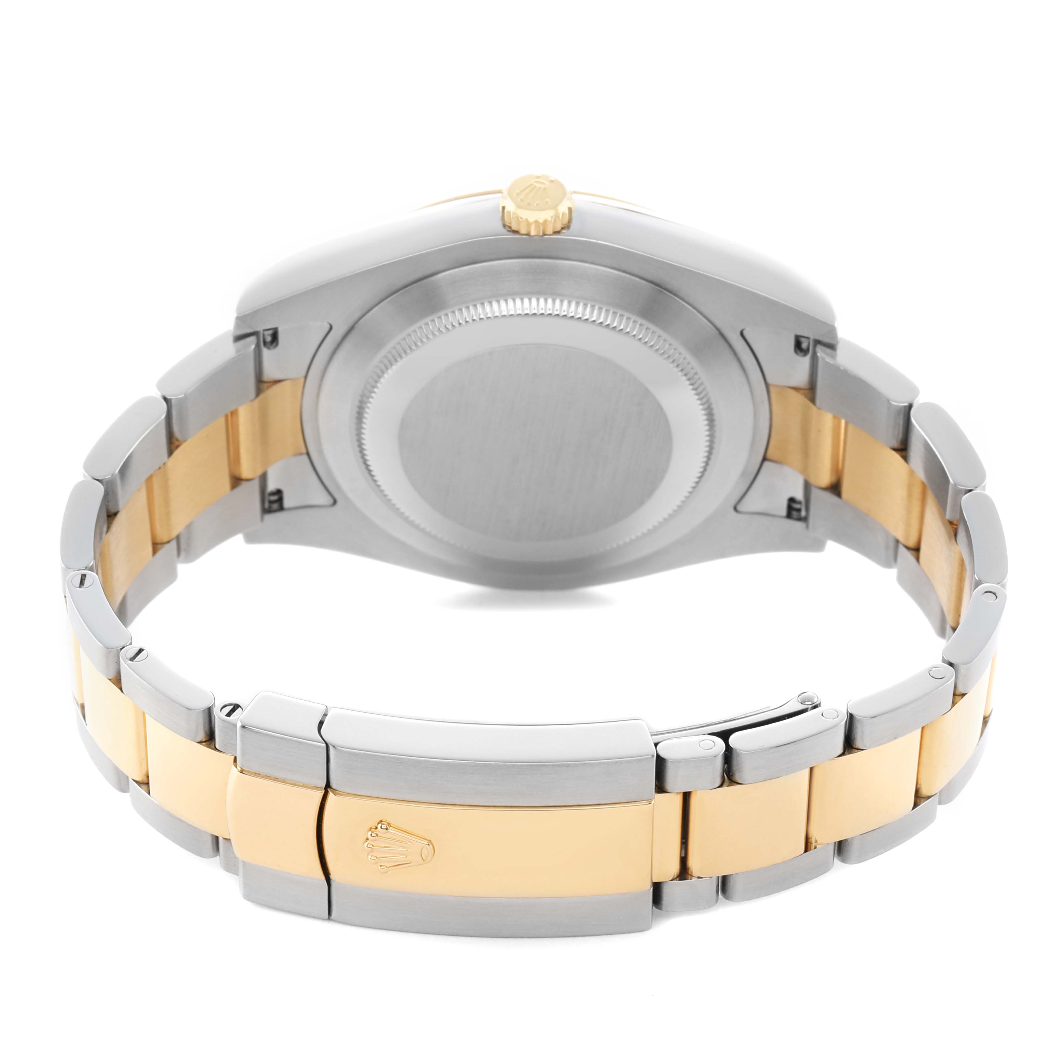 The image shows the back and clasp of a Rolex Datejust 41 116333 Men's Steel and Gold (two tone) Silver Dial, highlighting its two-tone bracelet.