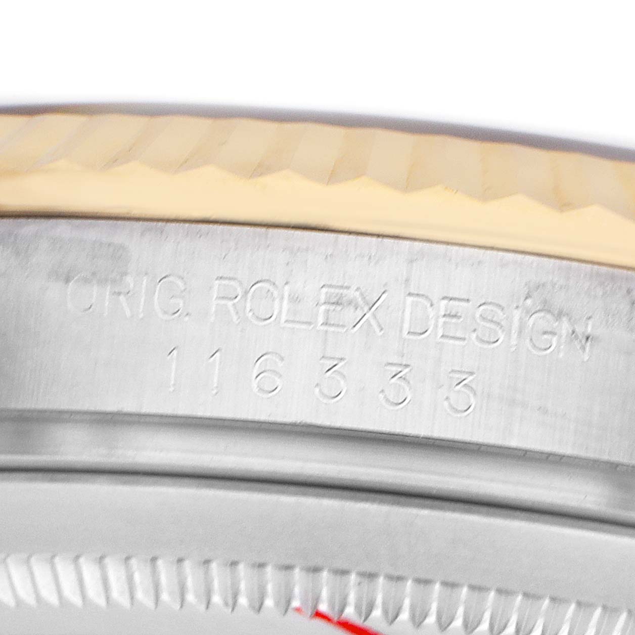 The image shows a close-up of the Rolex Datejust 41 116333 Men's Steel and Gold (two tone) Silver Dial bezel, highlighting the "Orig. Rolex Design" engraving and reference number.