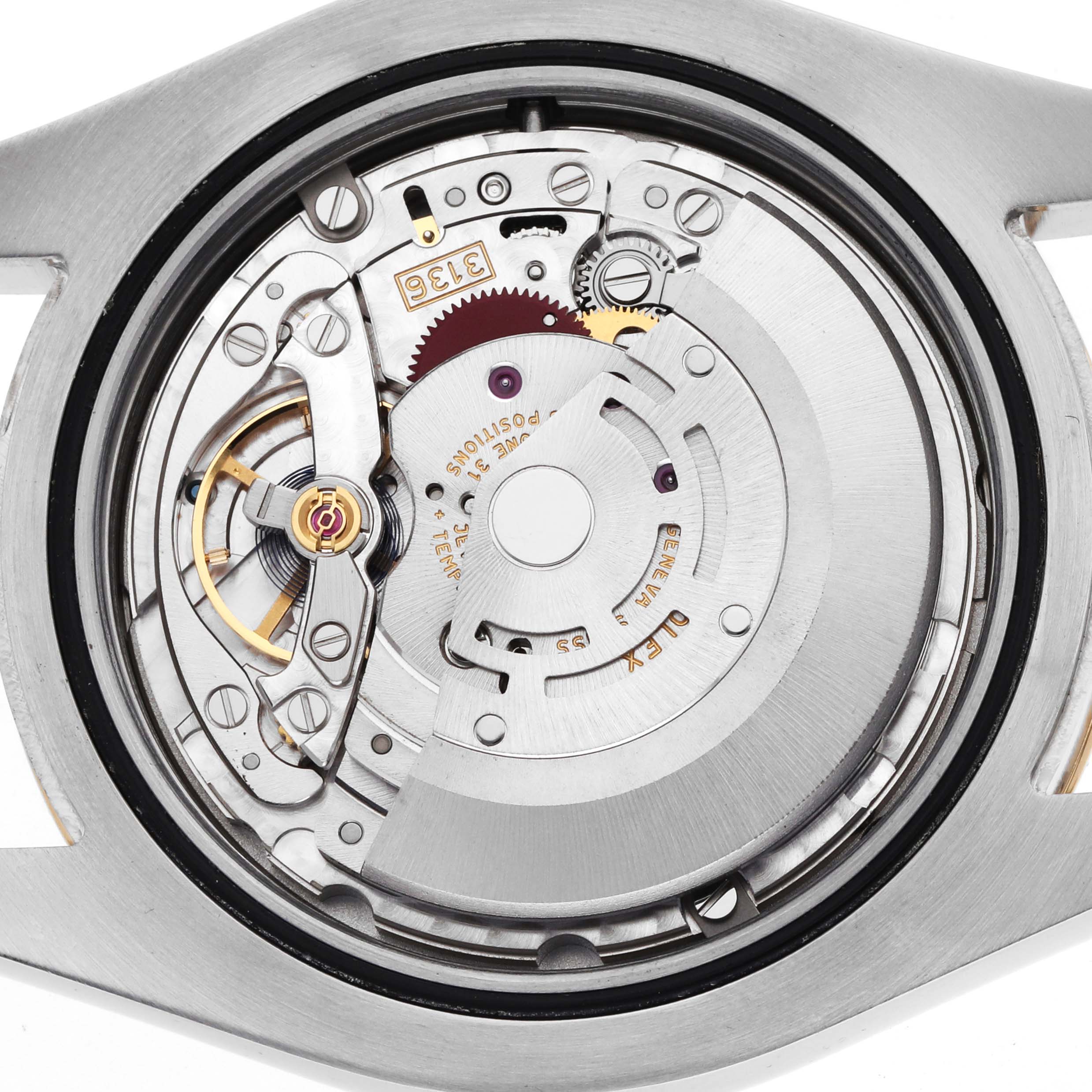 The image shows the movement of a Rolex Datejust 41 116333 Men's Steel and Gold (two tone) Silver Dial watch, viewed from the back, highlighting gears and mechanical components.