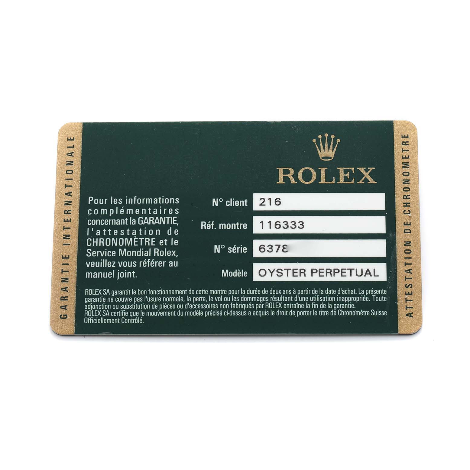 This image shows the warranty card for a Rolex Datejust 41 116333 Men's Steel and Gold (two tone) Silver Dial, featuring model details and the brand's logo.