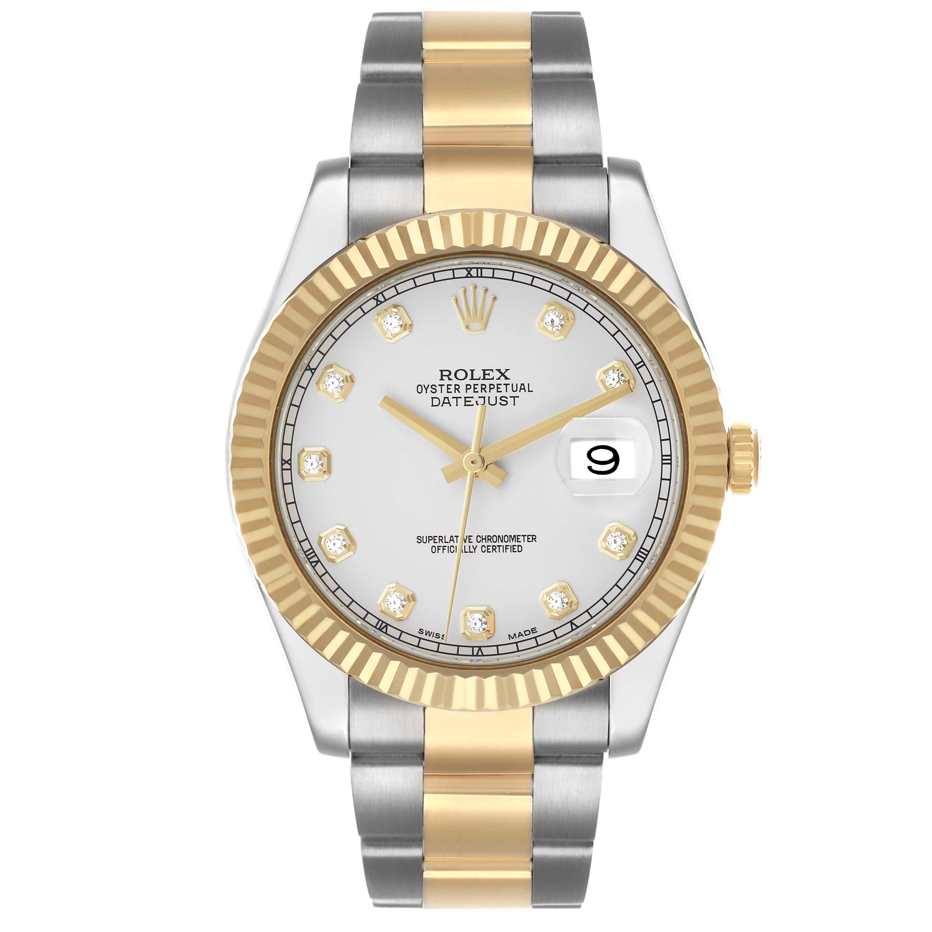 The Rolex Datejust 41 116333 Men's Steel and Gold (two tone) Silver Dial is shown from the front, displaying its dial, fluted bezel, and two-tone bracelet.