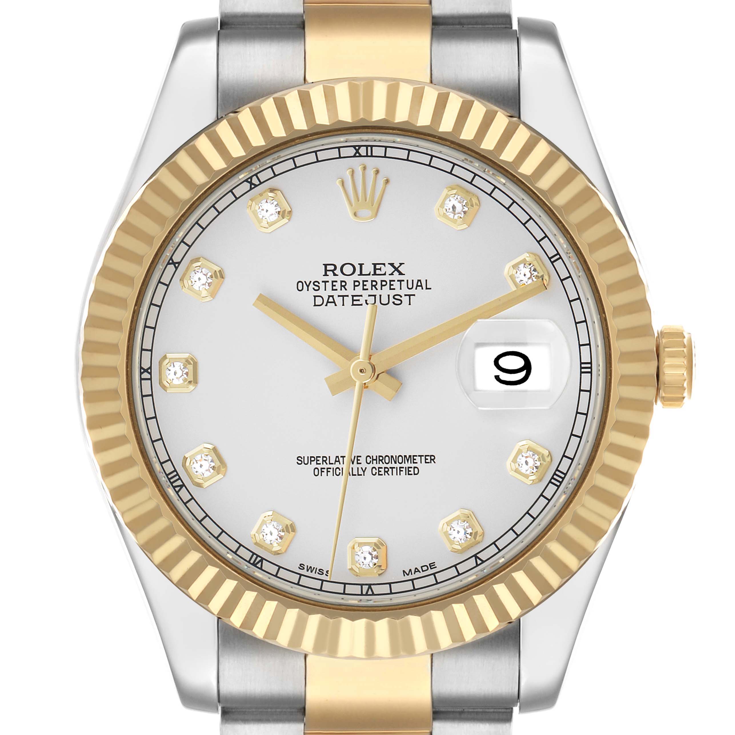 The Rolex Datejust 41 116333 Men's Steel and Gold (two tone) Silver Dial is shown from the front, highlighting the dial, fluted bezel, crown, and part of the bracelet.