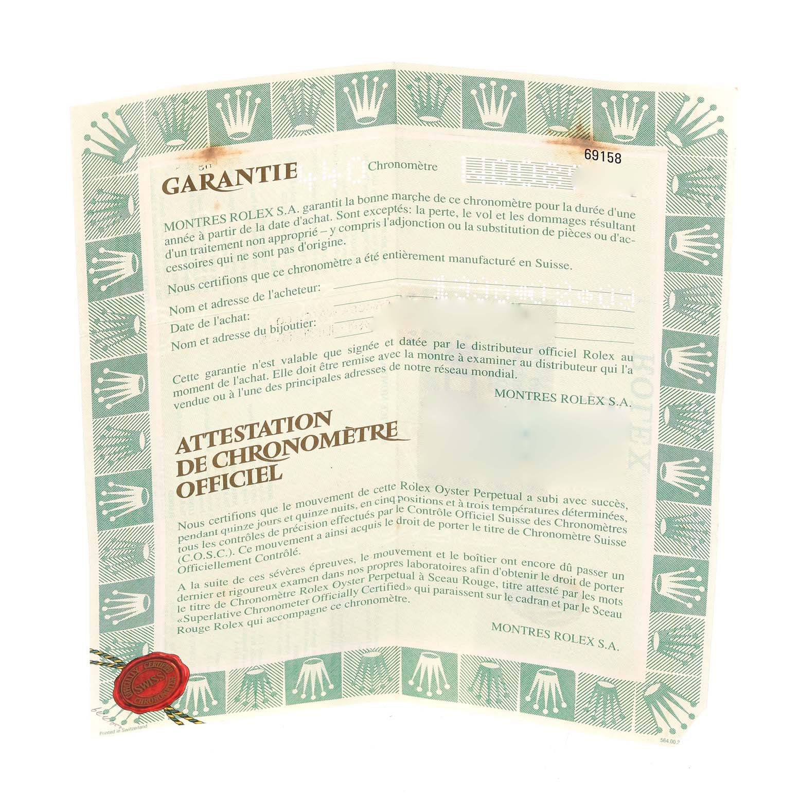 The document shown is a warranty and chronometer certificate for a Rolex President 69158 Women's Yellow Gold Champagne Dial 69158 Women's Yellow Gold Champagne Dial model watch.