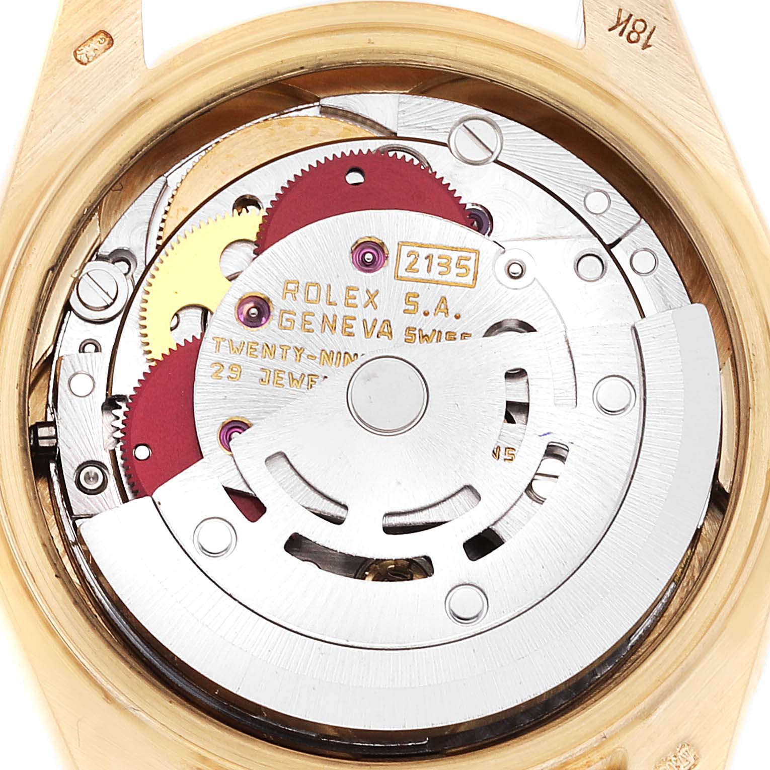This image shows the inner mechanical movement of a Rolex President 69158 Women's Yellow Gold Champagne Dial 69158 Women's Yellow Gold Champagne Dial model watch viewed from the back.