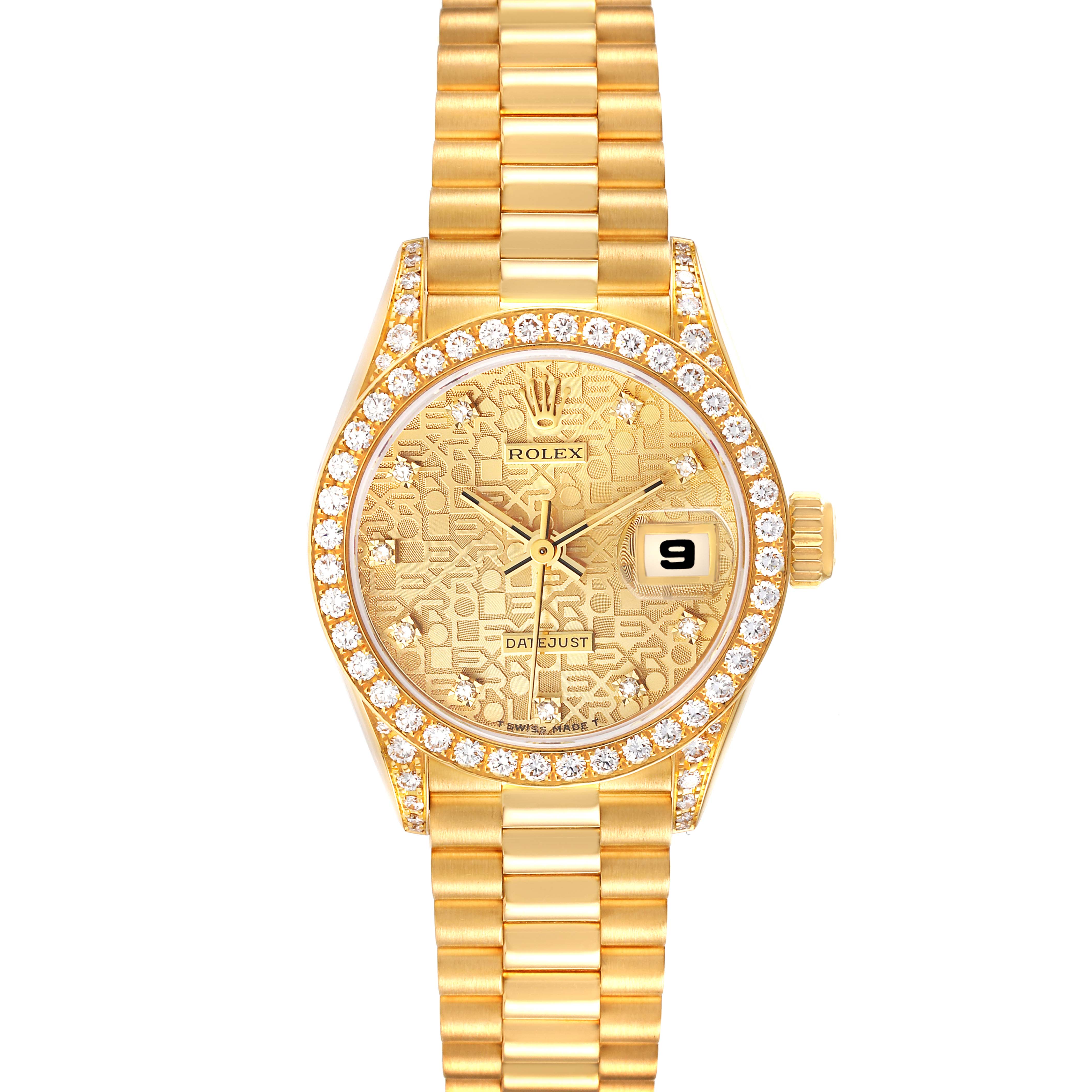 This image shows a front view of a gold Rolex President 69158 Women's Yellow Gold Champagne Dial 69158 Women's Yellow Gold Champagne Dial watch model with a diamond-studded bezel and a linked bracelet.