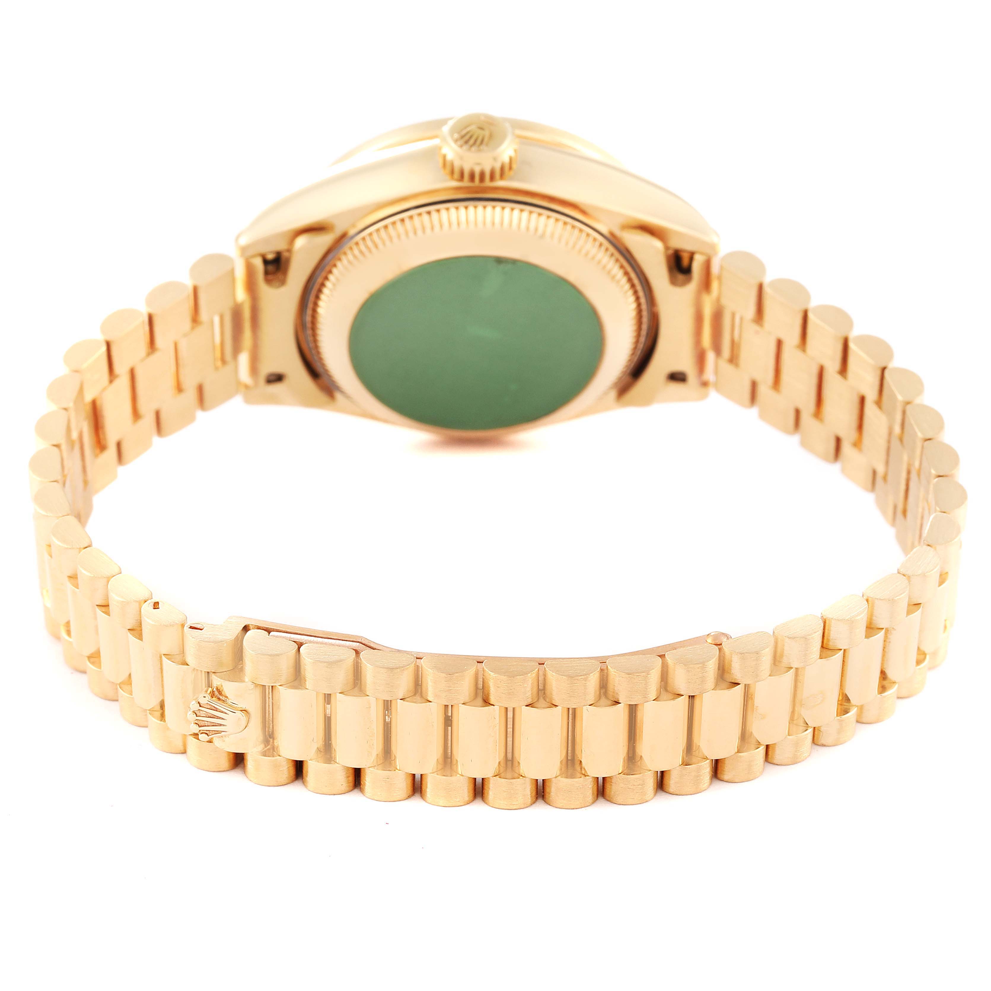 The image shows the back view of the Rolex President 69158 Women's Yellow Gold Champagne Dial 69158 Women's Yellow Gold Champagne Dial watch, highlighting the case back and band.