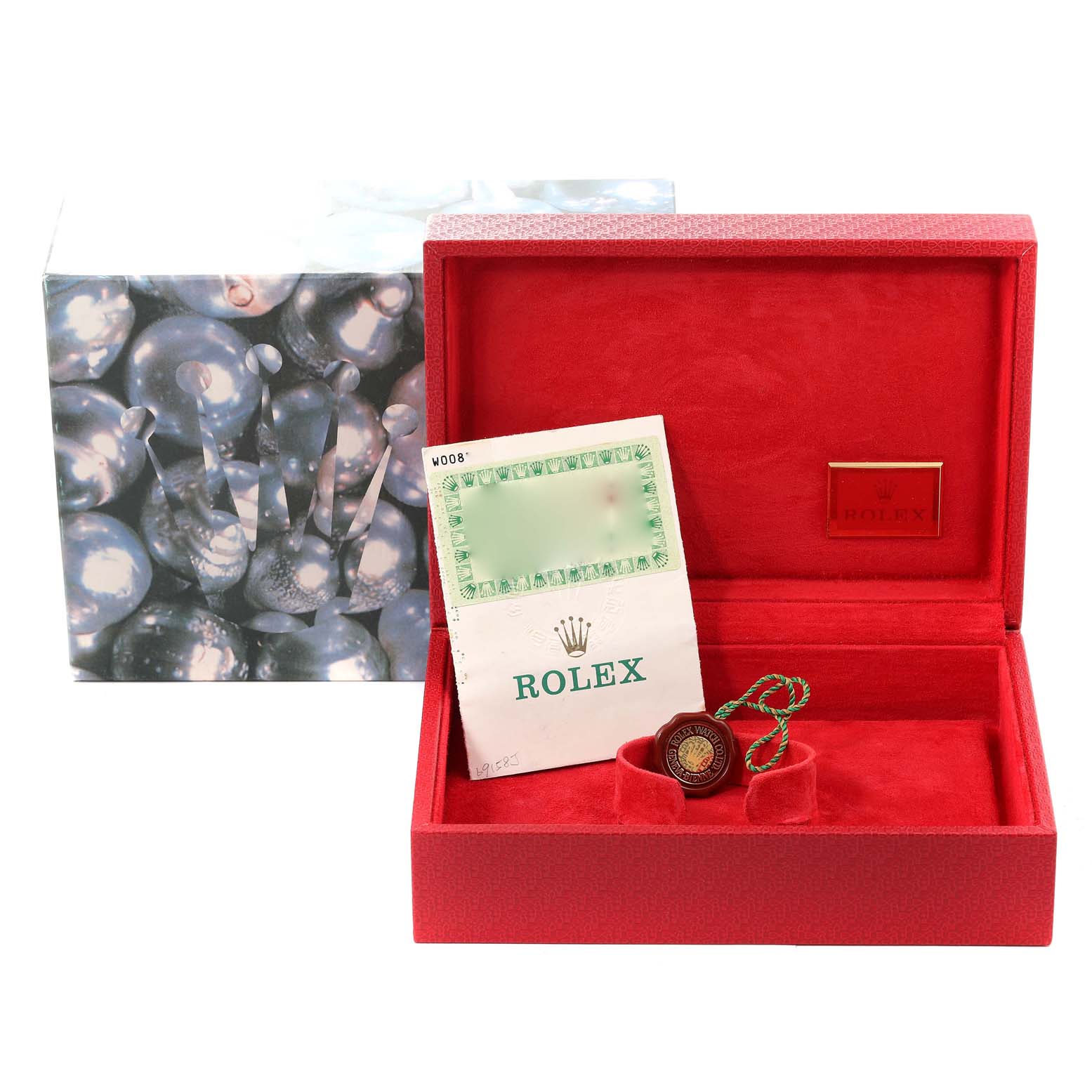 The image shows a Rolex President 69158 Women's Yellow Gold Champagne Dial 69158 Women's Yellow Gold Champagne Dial model watch box, authentication paper, and tag from a front angle.