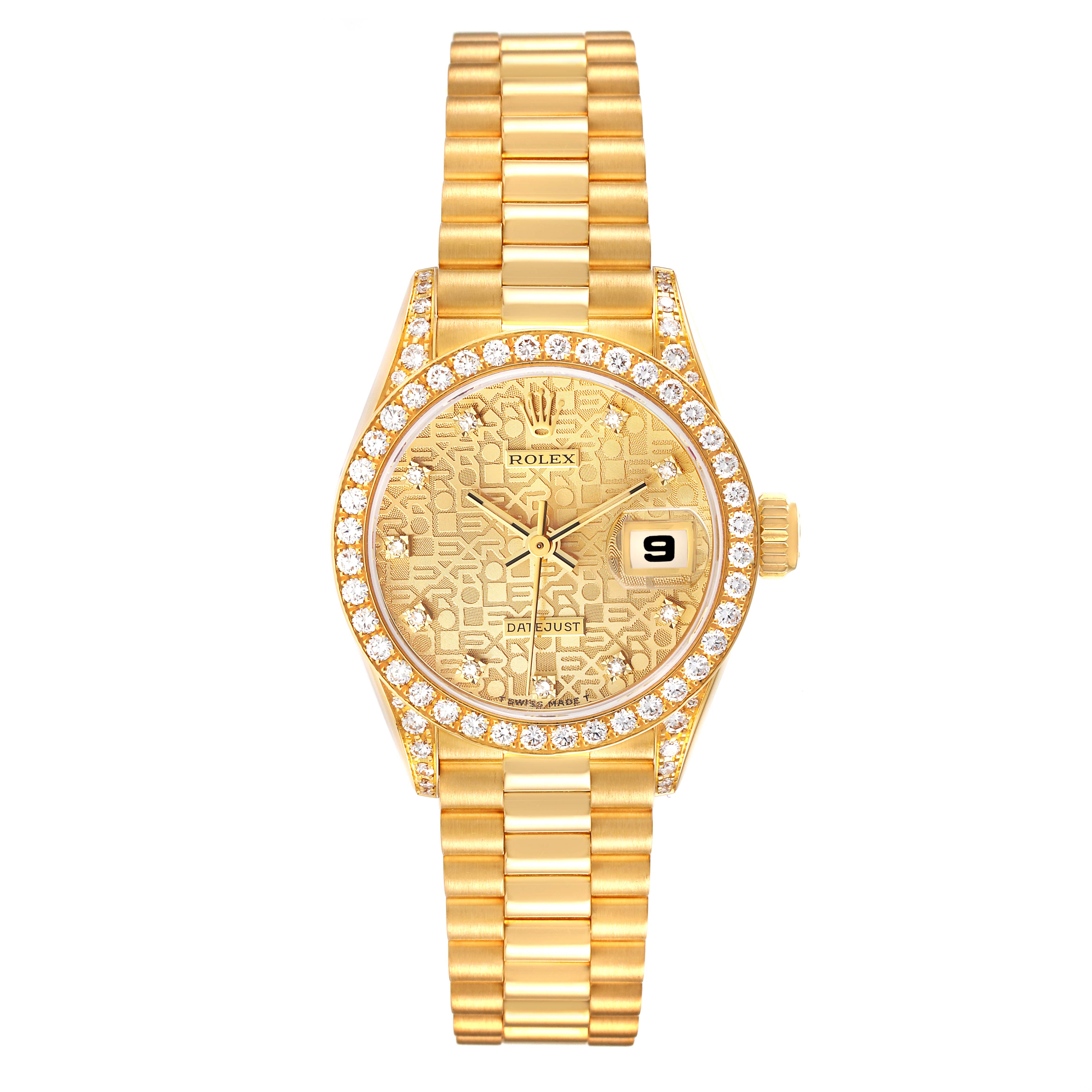 This image shows the front view of a Rolex President 69158 Women's Yellow Gold Champagne Dial 69158 Women's Yellow Gold Champagne Dial model watch, highlighting the face, bezel, and bracelet.