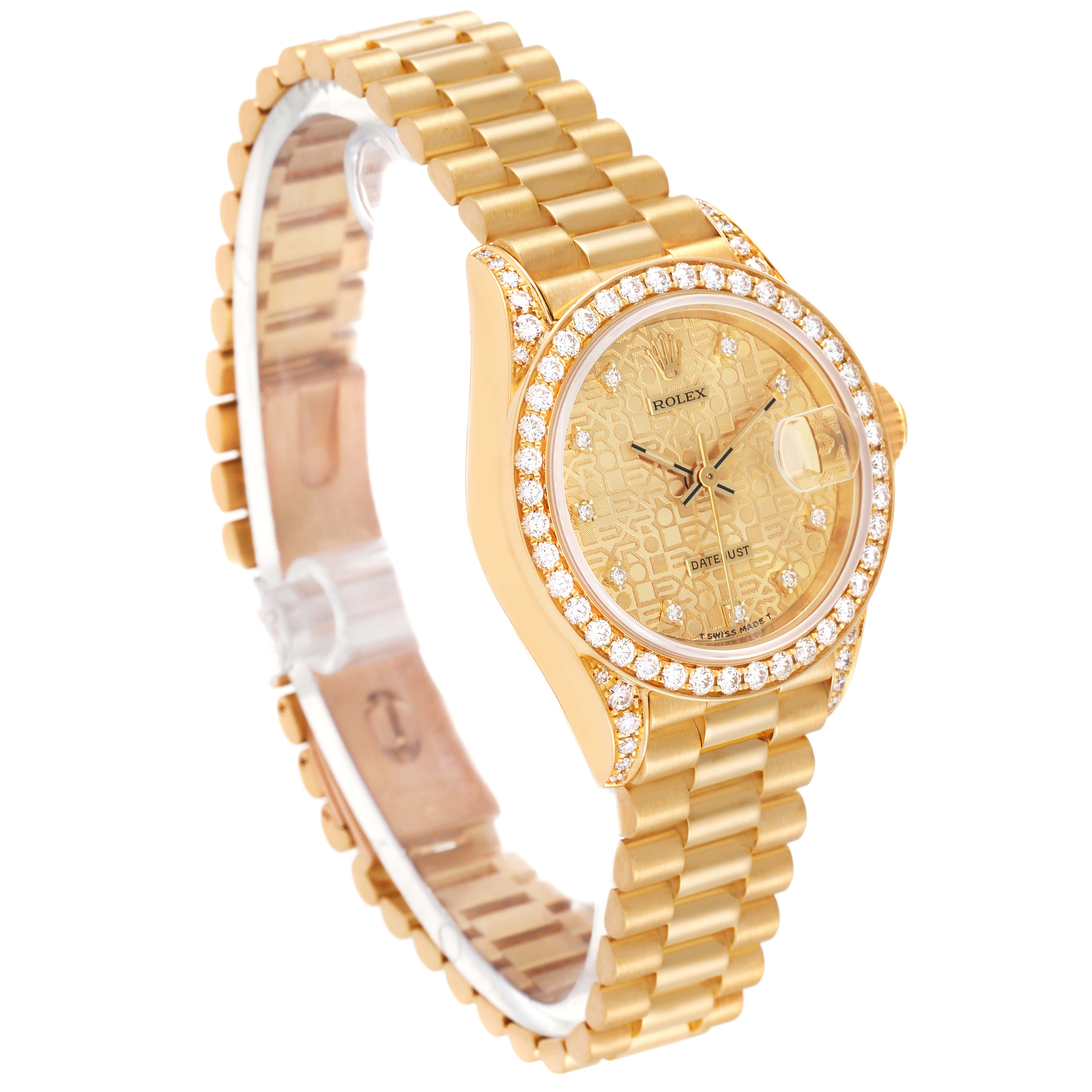 This image shows a Rolex President 69158 Women's Yellow Gold Champagne Dial 69158 Women's Yellow Gold Champagne Dial model watch at a 3/4 angle, displaying its face, bezel, case, and bracelet.