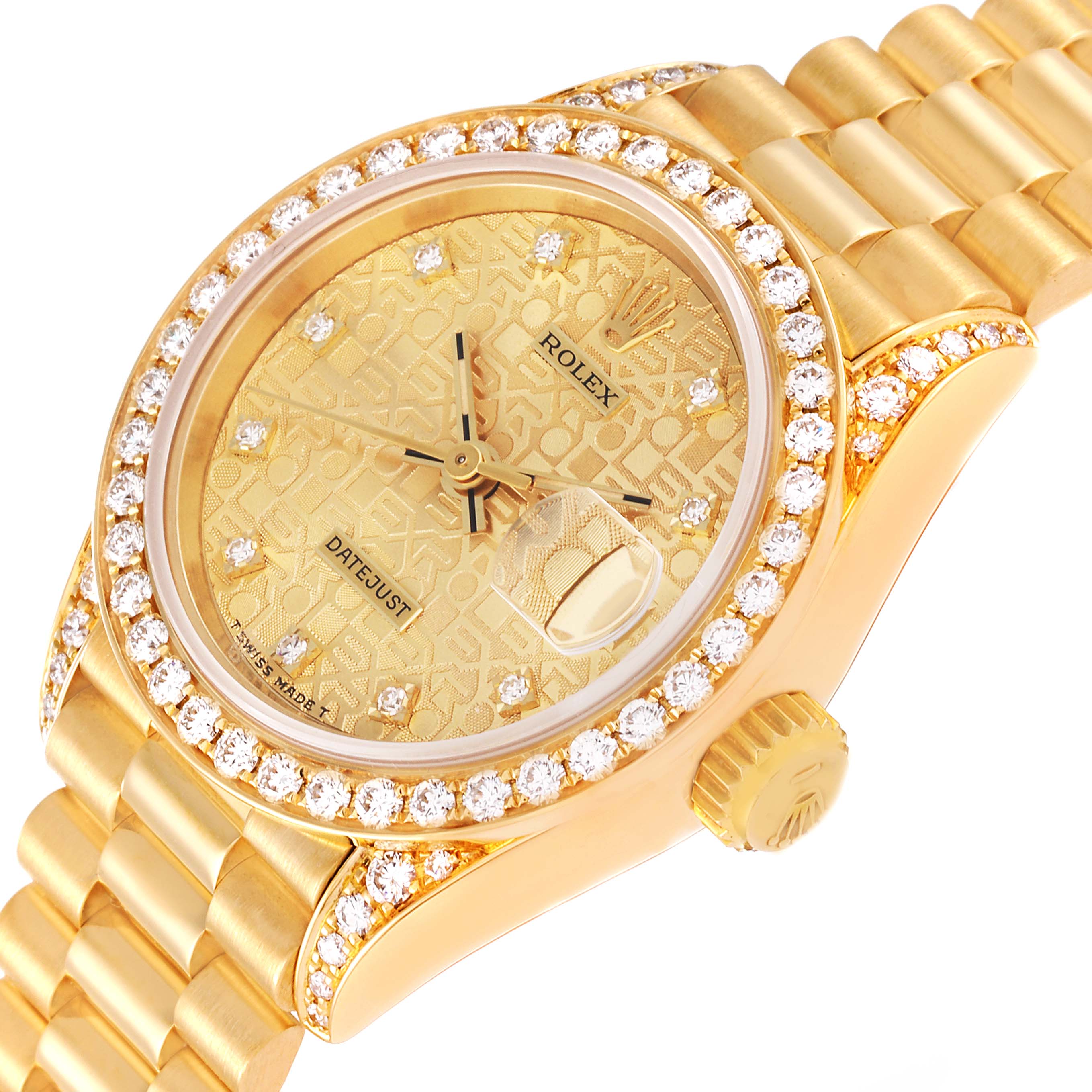 The image shows a gold Rolex President 69158 Women's Yellow Gold Champagne Dial 69158 Women's Yellow Gold Champagne Dial Datejust model at an angled view, highlighting the dial, bezel, and band.