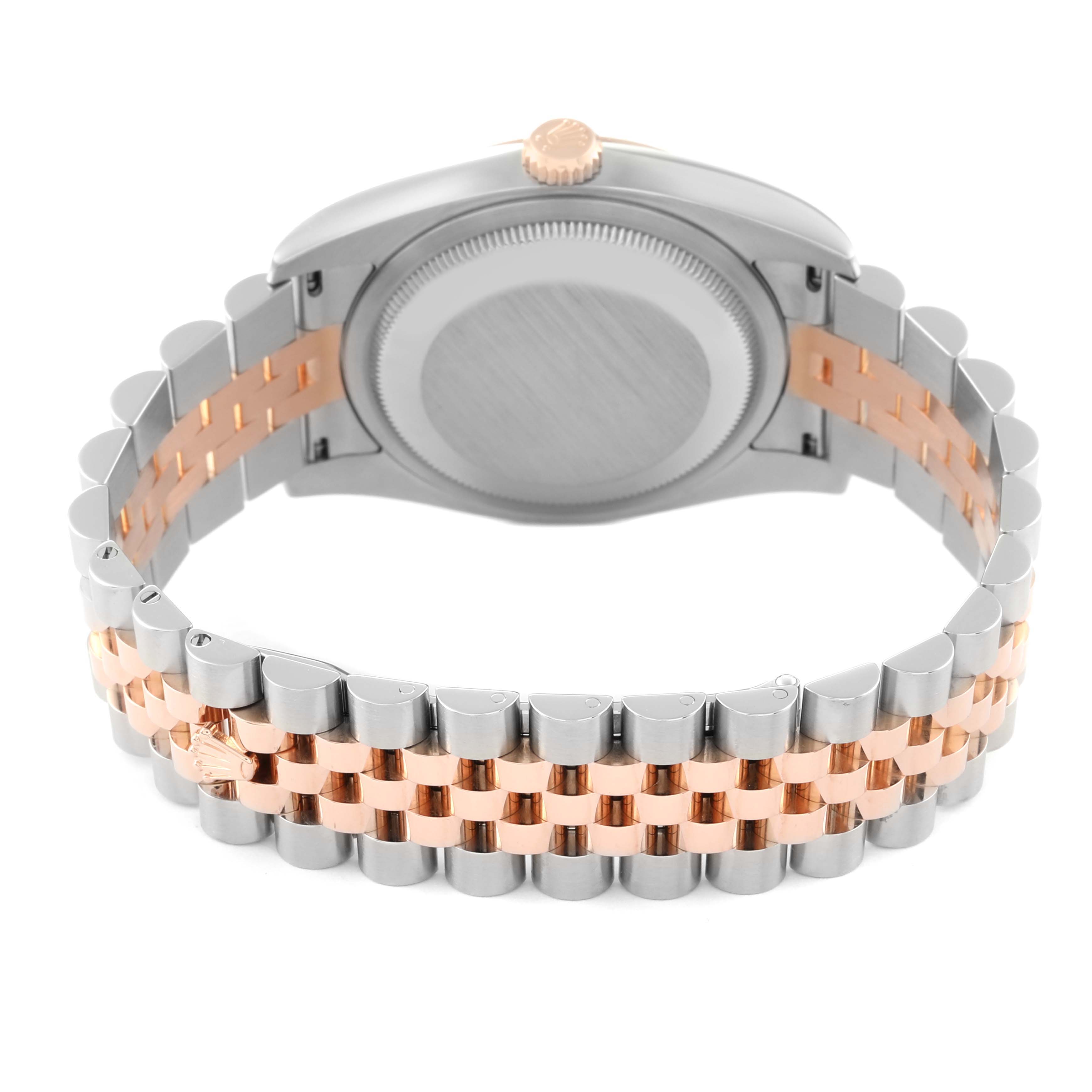 This image shows the back view of the Rolex Datejust 116231G Men's Steel and Gold (two tone) Pink Dial 116231G Men's Steel and Gold (two tone) Pink Dial watch, highlighting its two-tone bracelet and case back.