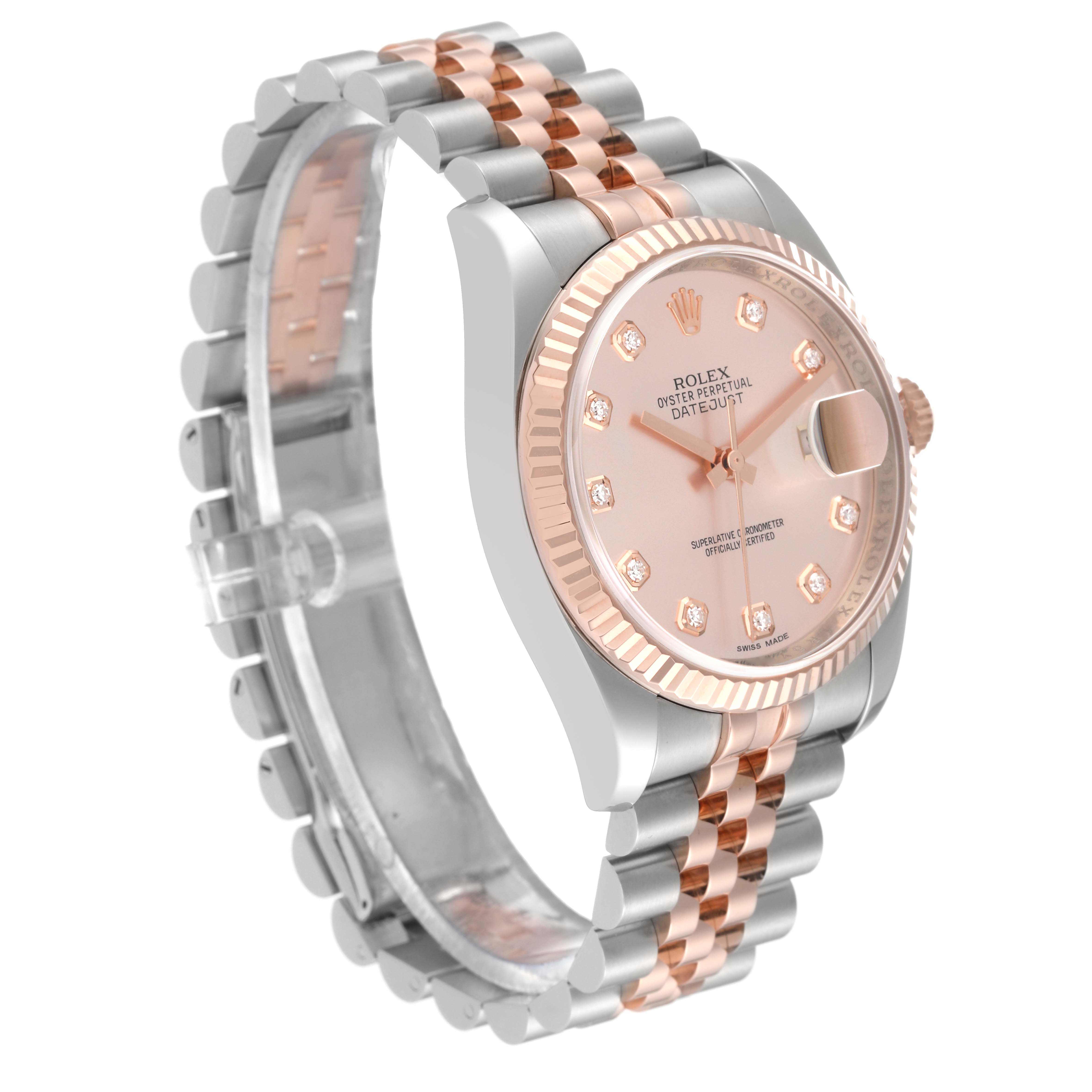 The image shows a Rolex Datejust 116231G Men's Steel and Gold (two tone) Pink Dial 116231G Men's Steel and Gold (two tone) Pink Dial watch from an angled side view, displaying its face, bezel, and bracelet.