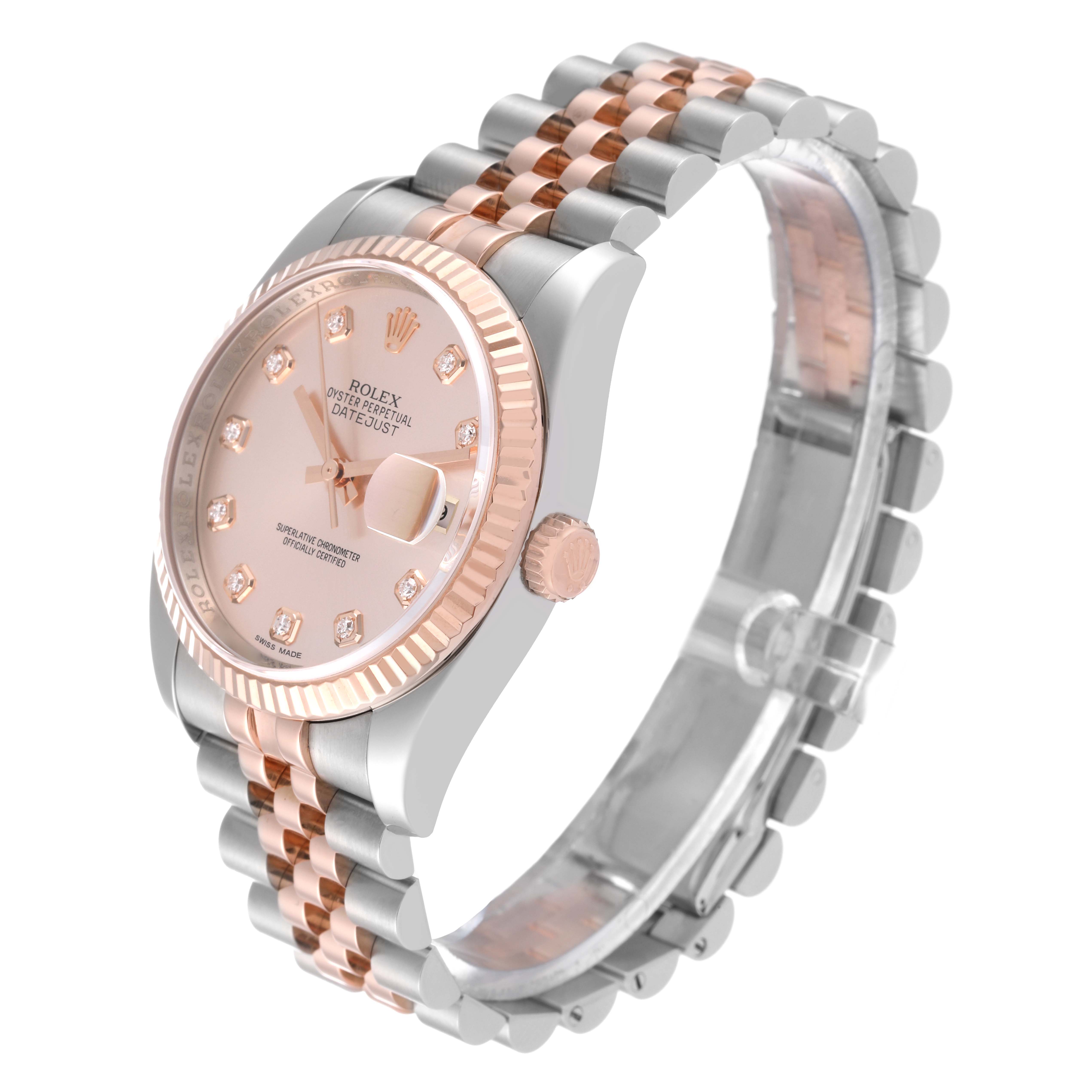The image shows a Rolex Datejust 116231G Men's Steel and Gold (two tone) Pink Dial 116231G Men's Steel and Gold (two tone) Pink Dial watch from a three-quarter angle, highlighting the face, bezel, crown, and bracelet.