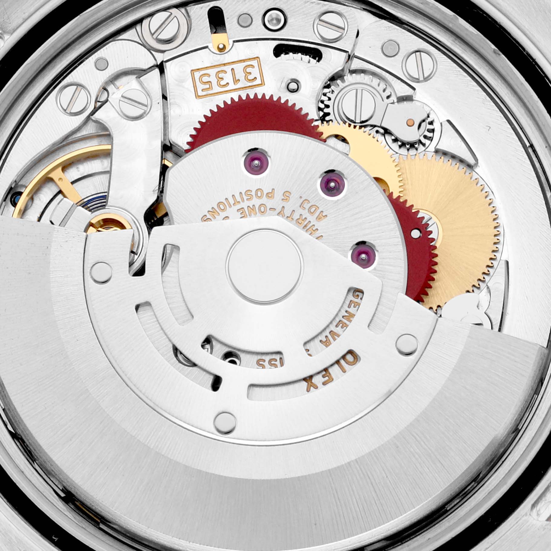 The image shows a close-up view of the internal movement mechanism of a Rolex Datejust 116231G Men's Steel and Gold (two tone) Pink Dial 116231G Men's Steel and Gold (two tone) Pink Dial watch.