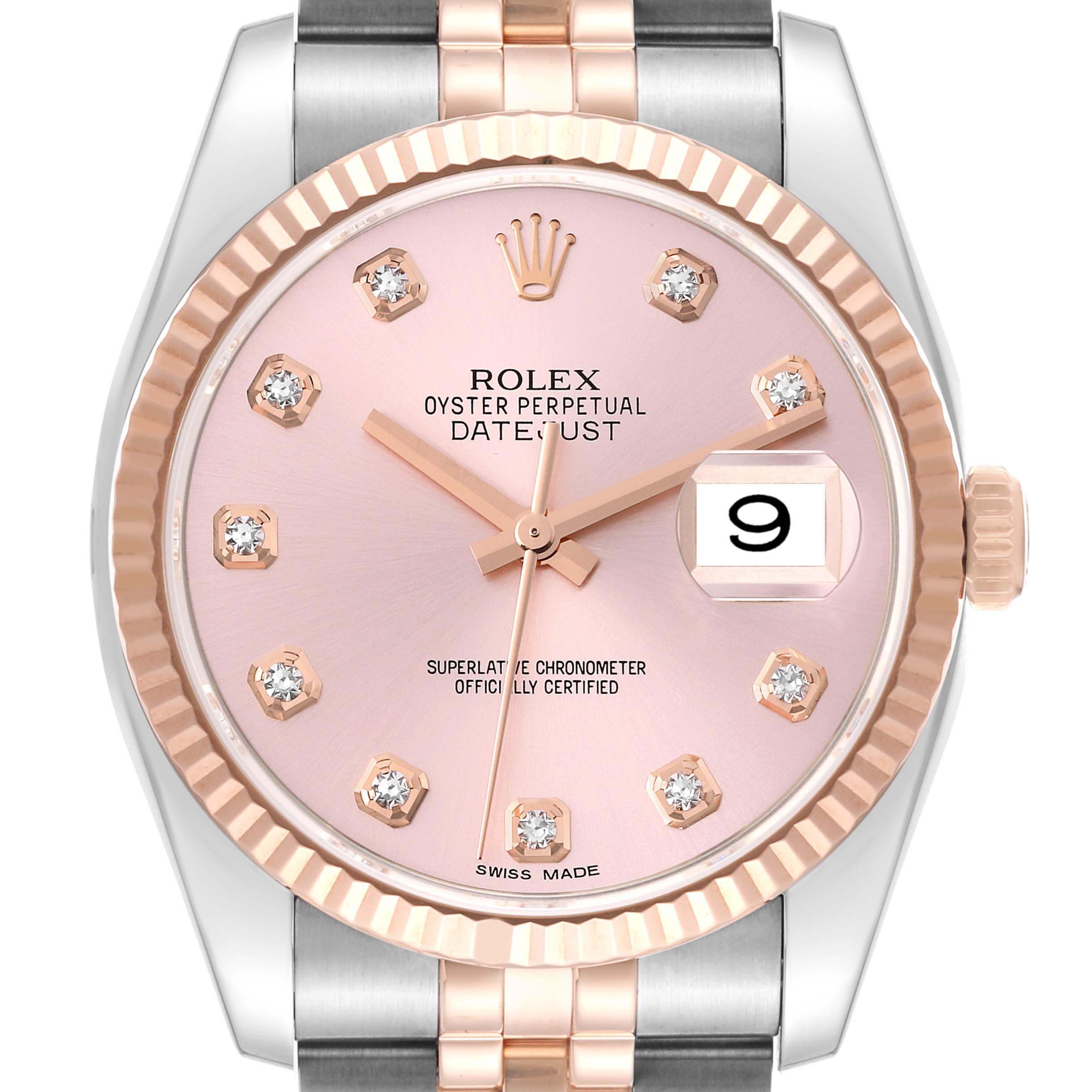 This image shows a front view of a Rolex Datejust 116231G Men's Steel and Gold (two tone) Pink Dial 116231G Men's Steel and Gold (two tone) Pink Dial watch, displaying the dial, bezel, and part of the bracelet.
