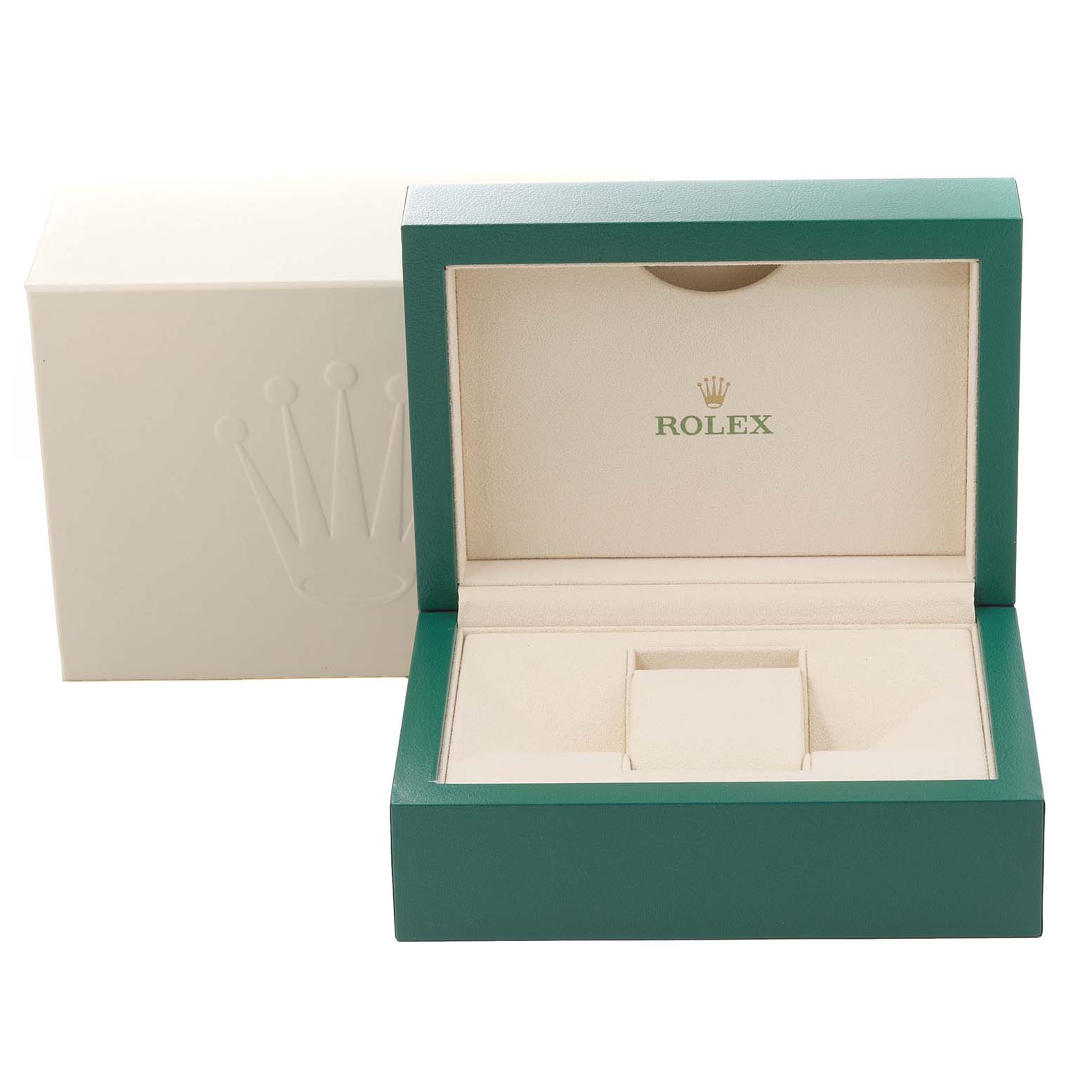 The image shows an open, empty Rolex Datejust 116231G Men's Steel and Gold (two tone) Pink Dial 116231G Men's Steel and Gold (two tone) Pink Dial watch box with a green exterior and a beige interior.