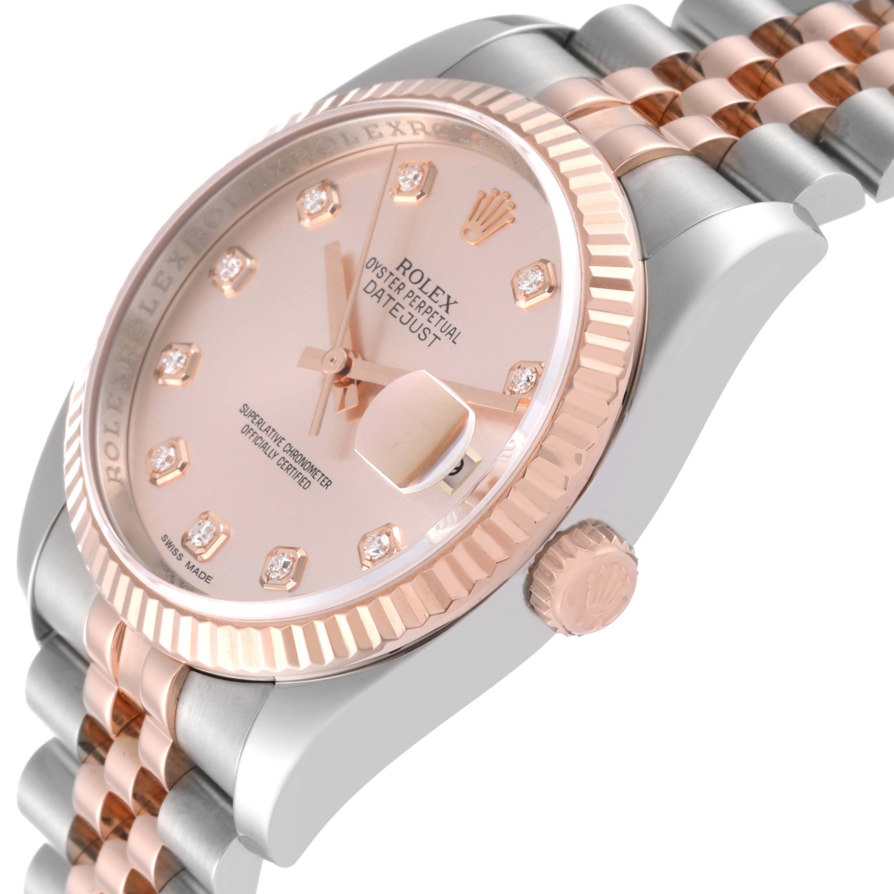 This Rolex Datejust 116231G Men's Steel and Gold (two tone) Pink Dial 116231G Men's Steel and Gold (two tone) Pink Dial watch is shown from a side angle, highlighting the dial, bezel, crown, and part of the bracelet.