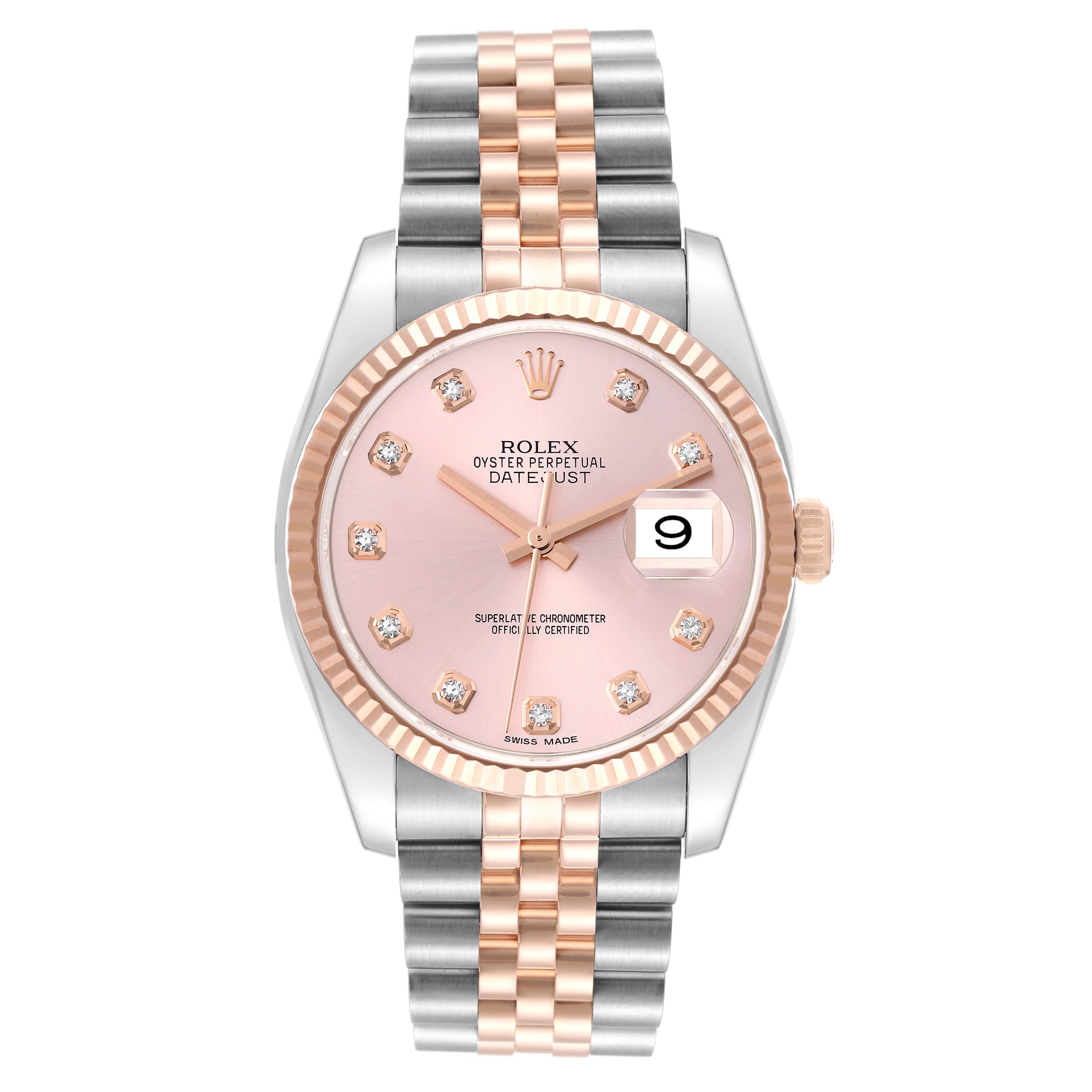 This image shows a front view of a Rolex Datejust 116231G Men's Steel and Gold (two tone) Pink Dial 116231G Men's Steel and Gold (two tone) Pink Dial watch featuring a pink dial, diamond hour markers, and a two-tone Jubilee bracelet.