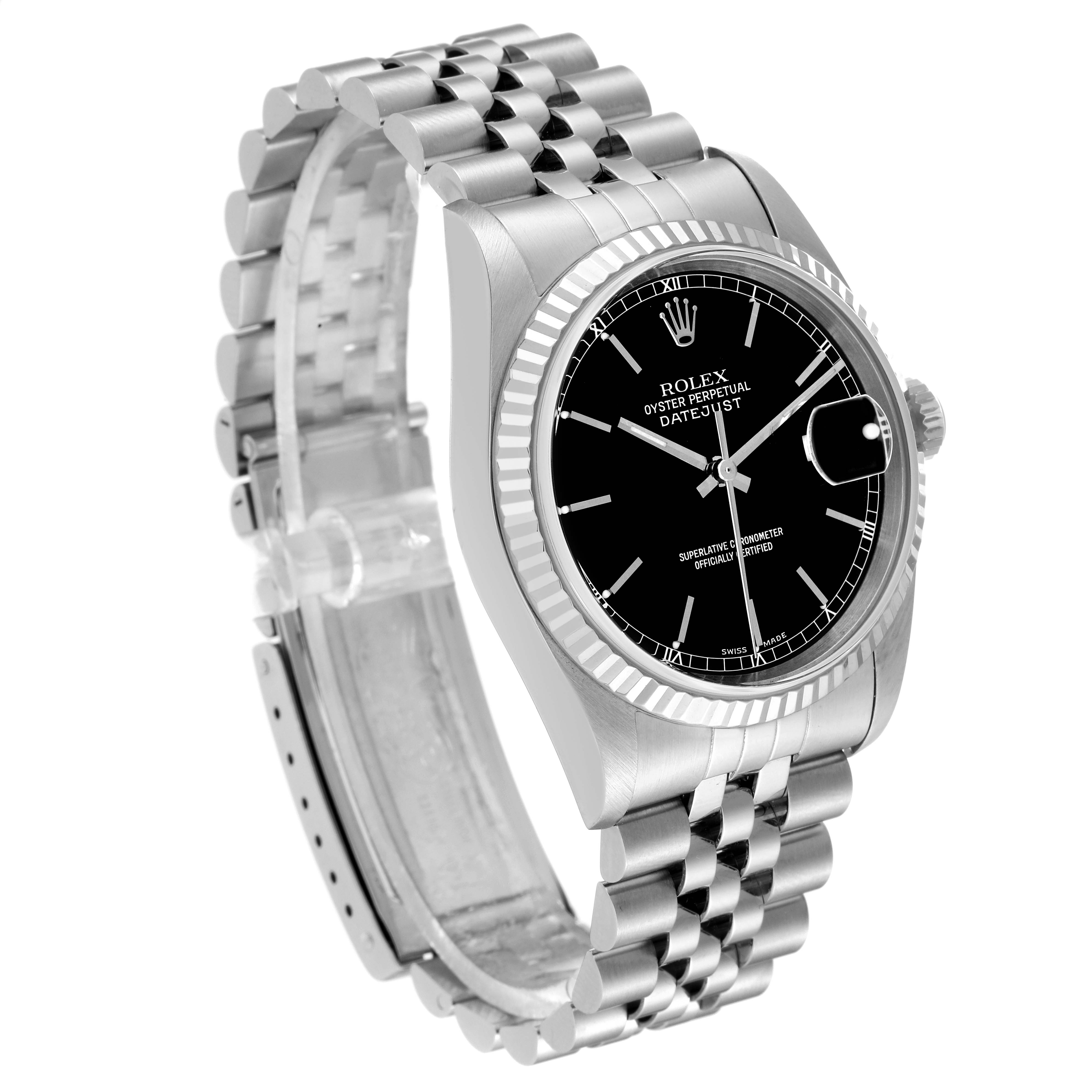 The image shows a side angle view of a Rolex Datejust 16234 Men's Stainless Steel Black Dial 16234 Men's Stainless Steel Black Dial watch, highlighting the bezel, dial, crown, and Jubilee bracelet.