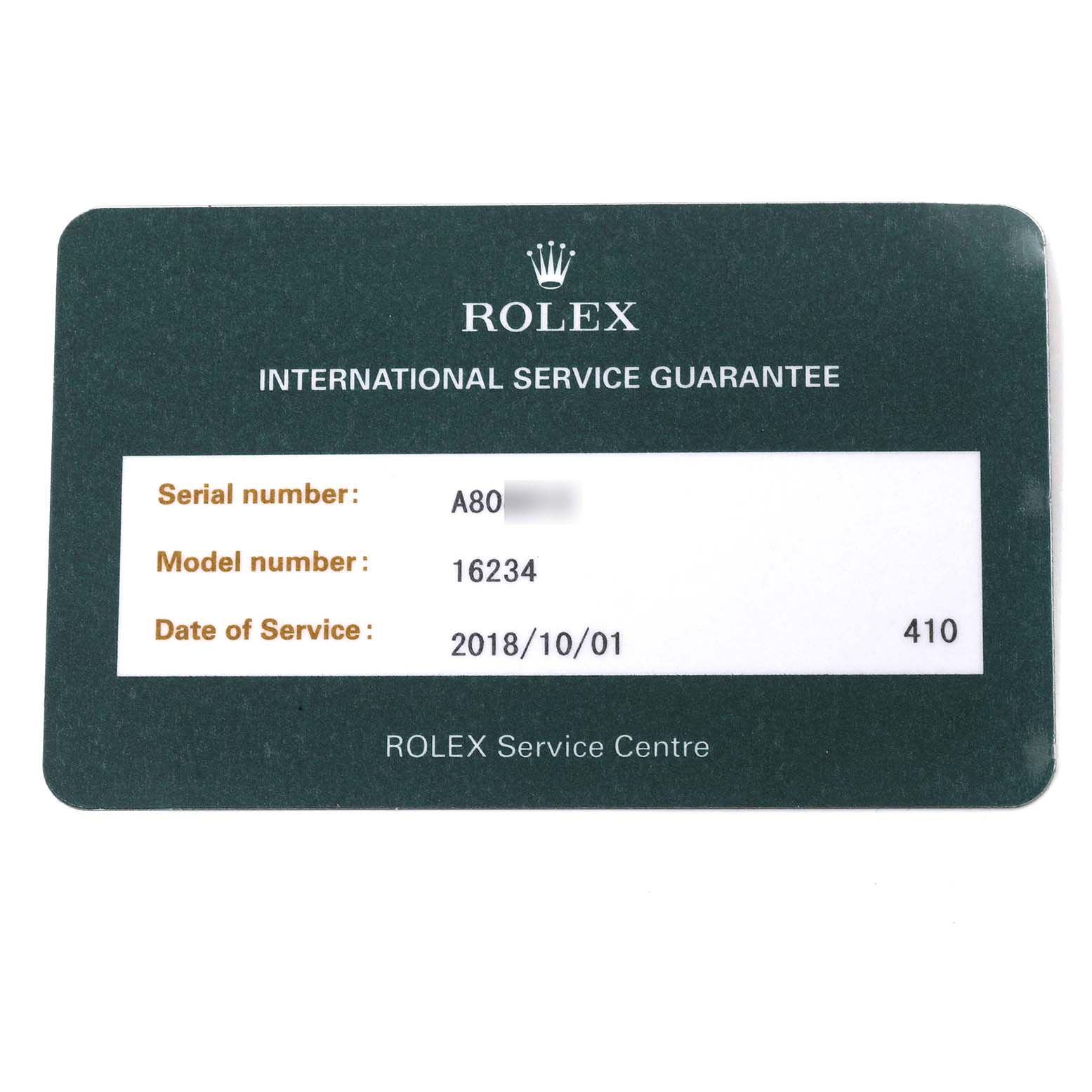 This image shows the Rolex International Service Guarantee card for the Datejust model 16234.