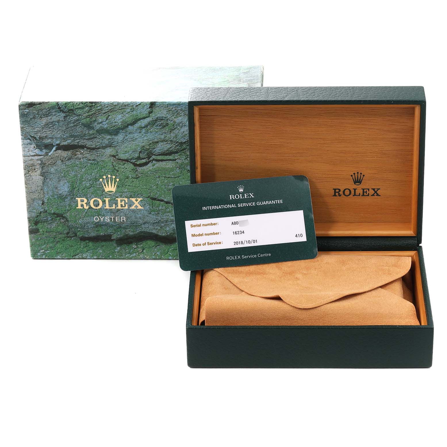 The image shows the packaging, service card, and suede pouch for a Rolex Datejust 16234 Men's Stainless Steel Black Dial 16234 Men's Stainless Steel Black Dial watch.