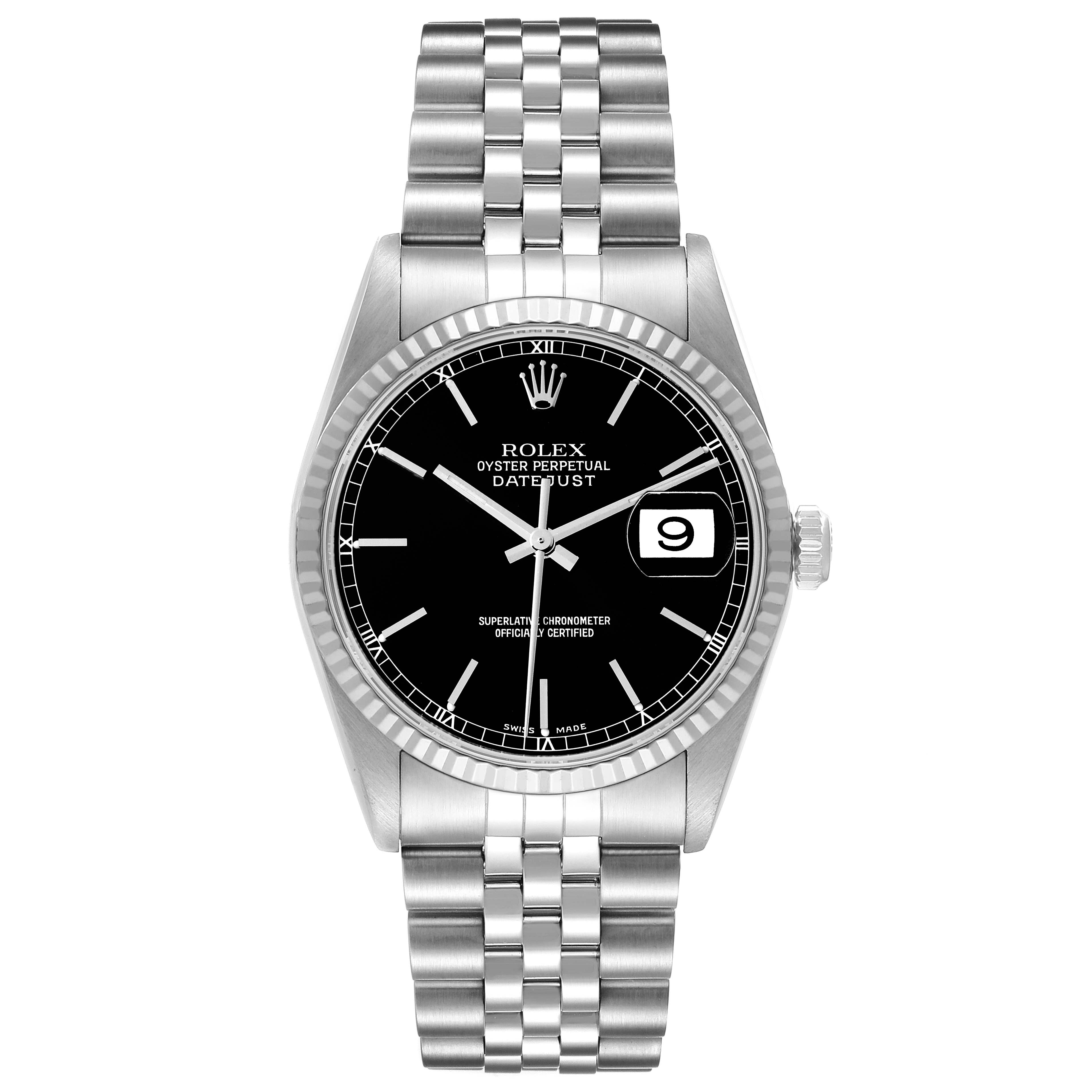 The image shows a front view of the Rolex Datejust 16234 Men's Stainless Steel Black Dial 16234 Men's Stainless Steel Black Dial watch, displaying its black dial, date window, and Jubilee bracelet.