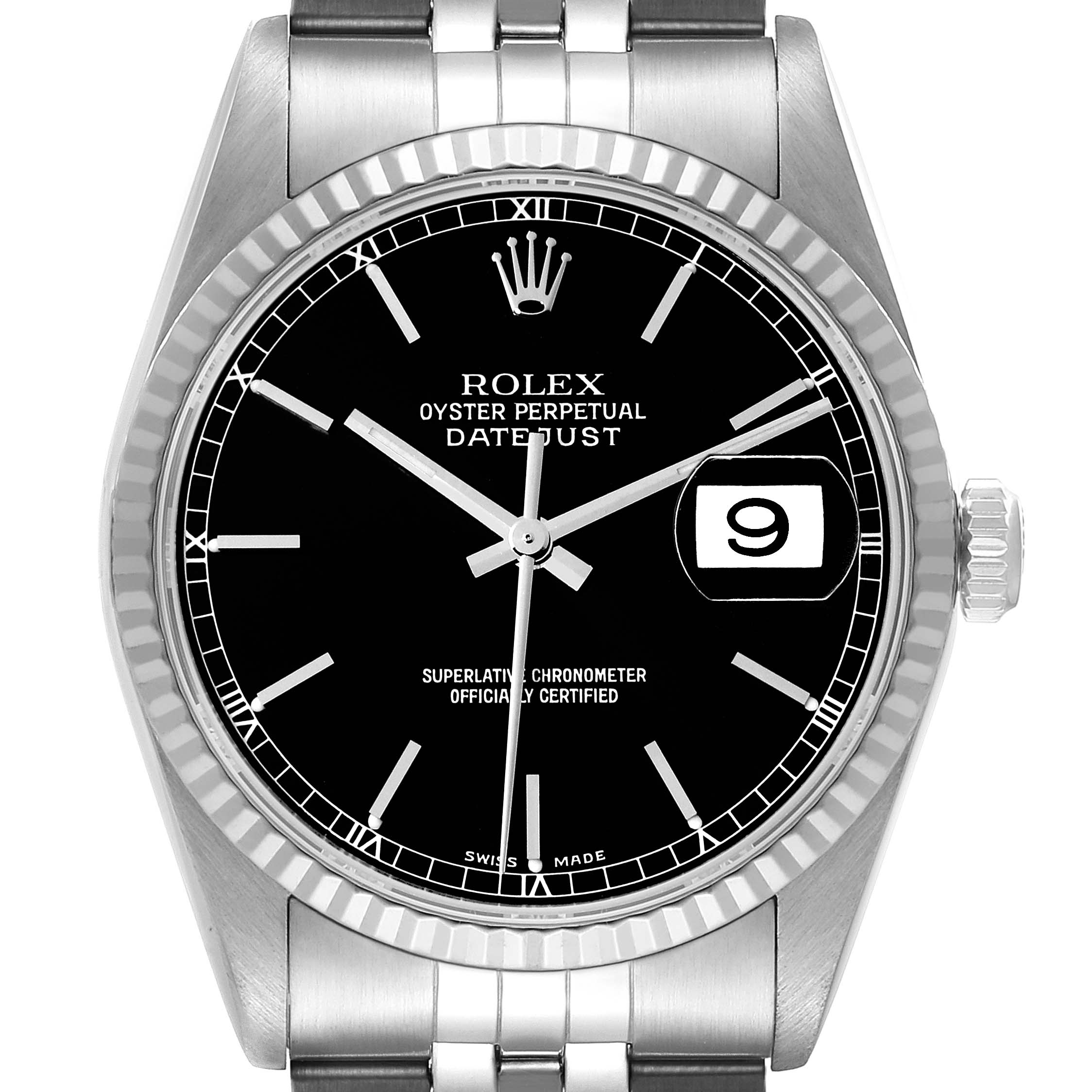 This image shows a front view of the Rolex Datejust 16234 Men's Stainless Steel Black Dial 16234 Men's Stainless Steel Black Dial watch, highlighting the dial, bezel, bracelet, and crown.