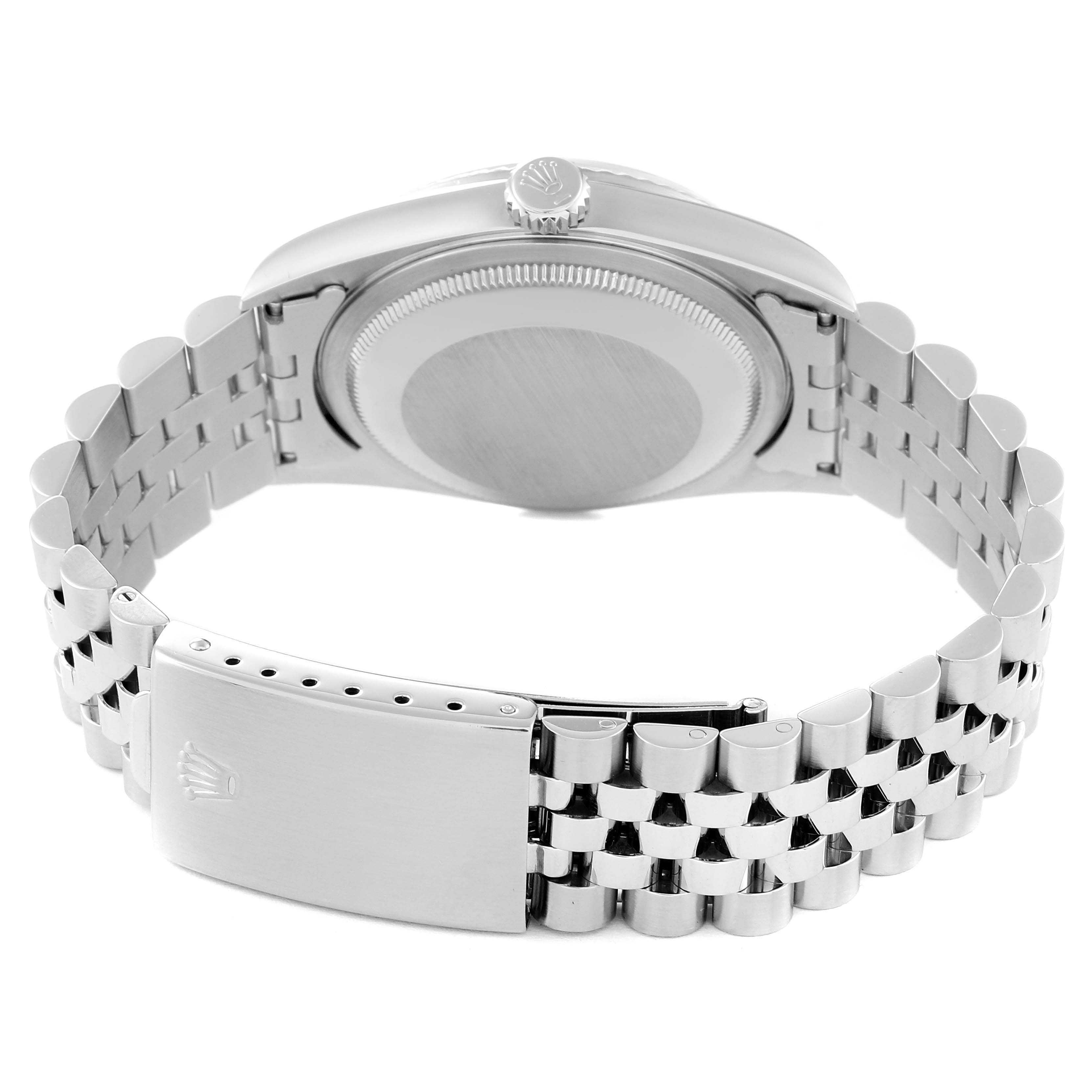 This image shows the back side of a Rolex Datejust 16234 Men's Stainless Steel Black Dial 16234 Men's Stainless Steel Black Dial watch, including the case back, crown, and jubilee bracelet clasp.