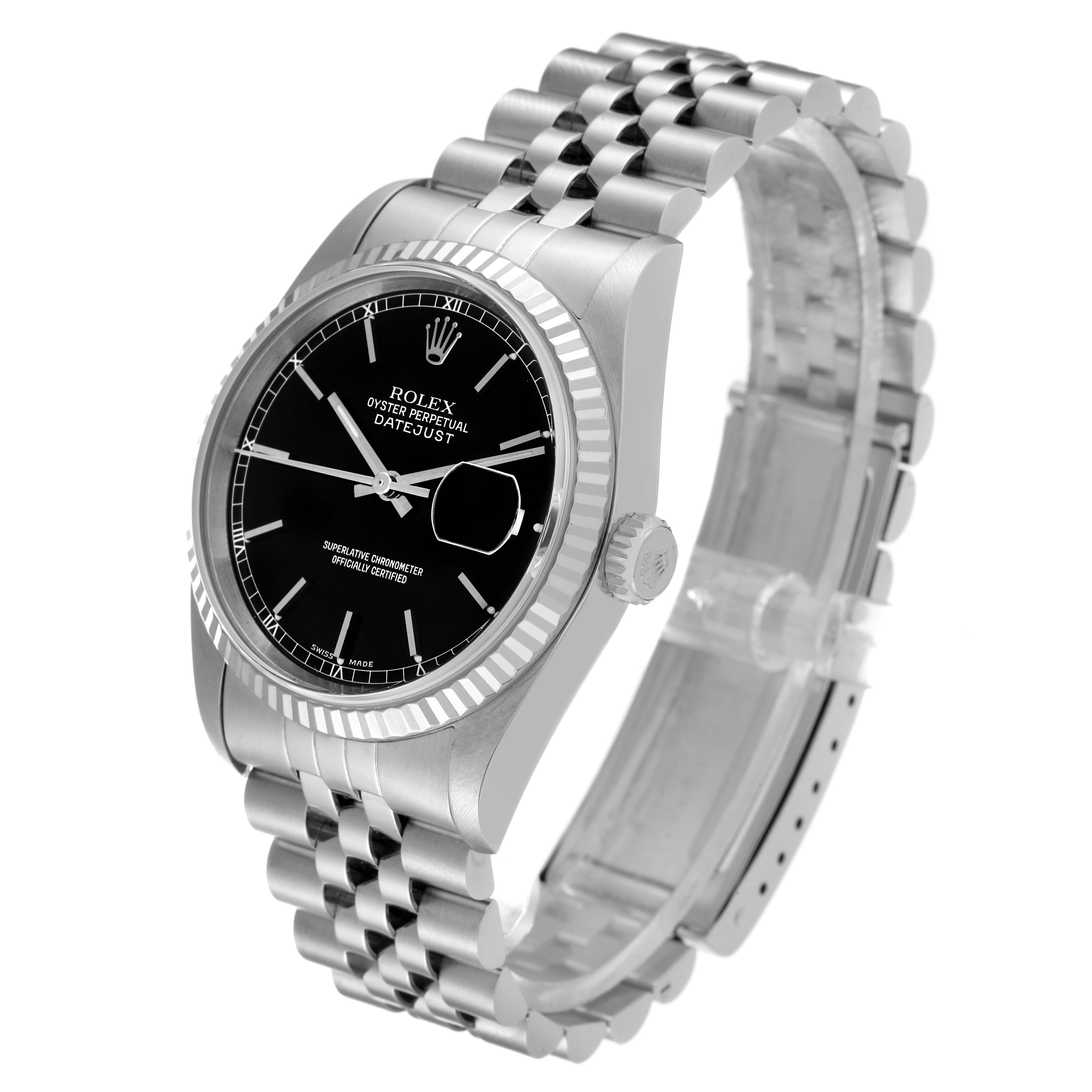 This image shows a Rolex Datejust 16234 Men's Stainless Steel Black Dial 16234 Men's Stainless Steel Black Dial watch at a three-quarter angle, highlighting its black dial, fluted bezel, and Jubilee bracelet.