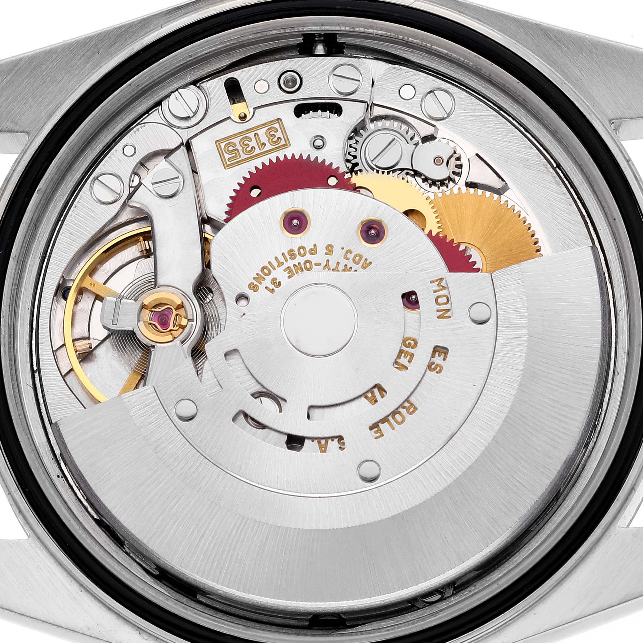 This image shows the inner mechanism of a Rolex Datejust 16234 Men's Stainless Steel Black Dial 16234 Men's Stainless Steel Black Dial watch, highlighting the movement and rotating parts.