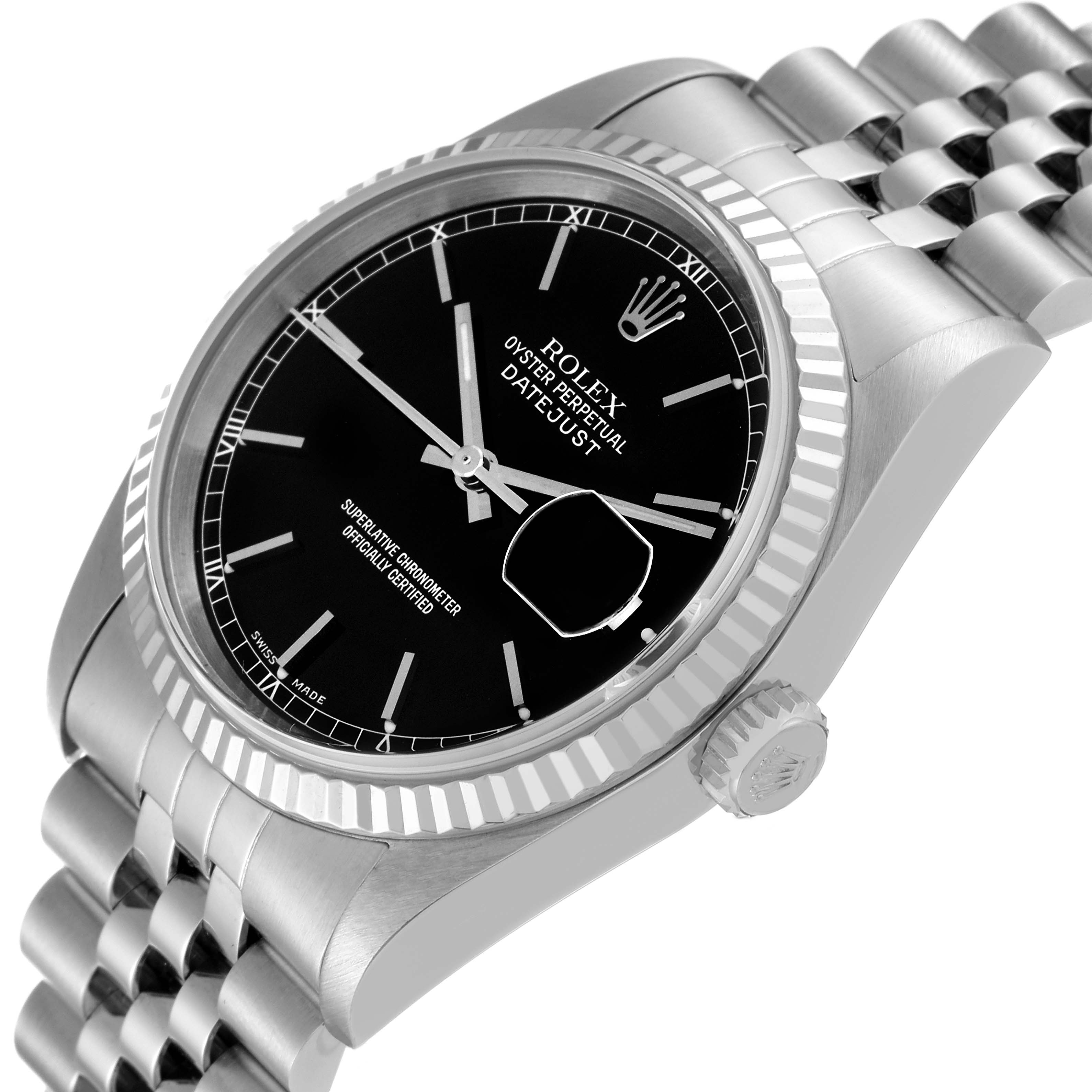 The image shows a side-angle view of the Rolex Datejust 16234 Men's Stainless Steel Black Dial 16234 Men's Stainless Steel Black Dial watch, highlighting its black dial, fluted bezel, and jubilee bracelet.