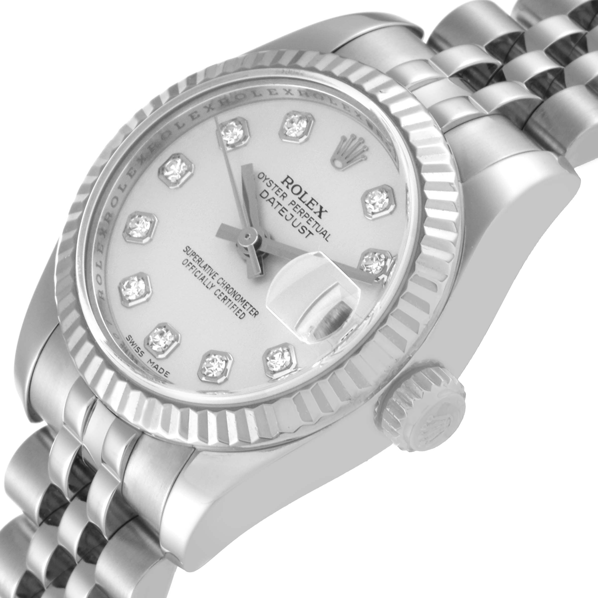 The image shows a close-up angle of a Rolex Datejust 179174 Women's Stainless Steel Silver Dial 179174 Women's Stainless Steel Silver Dial watch, focusing on its dial, bezel, crown, and part of the bracelet.