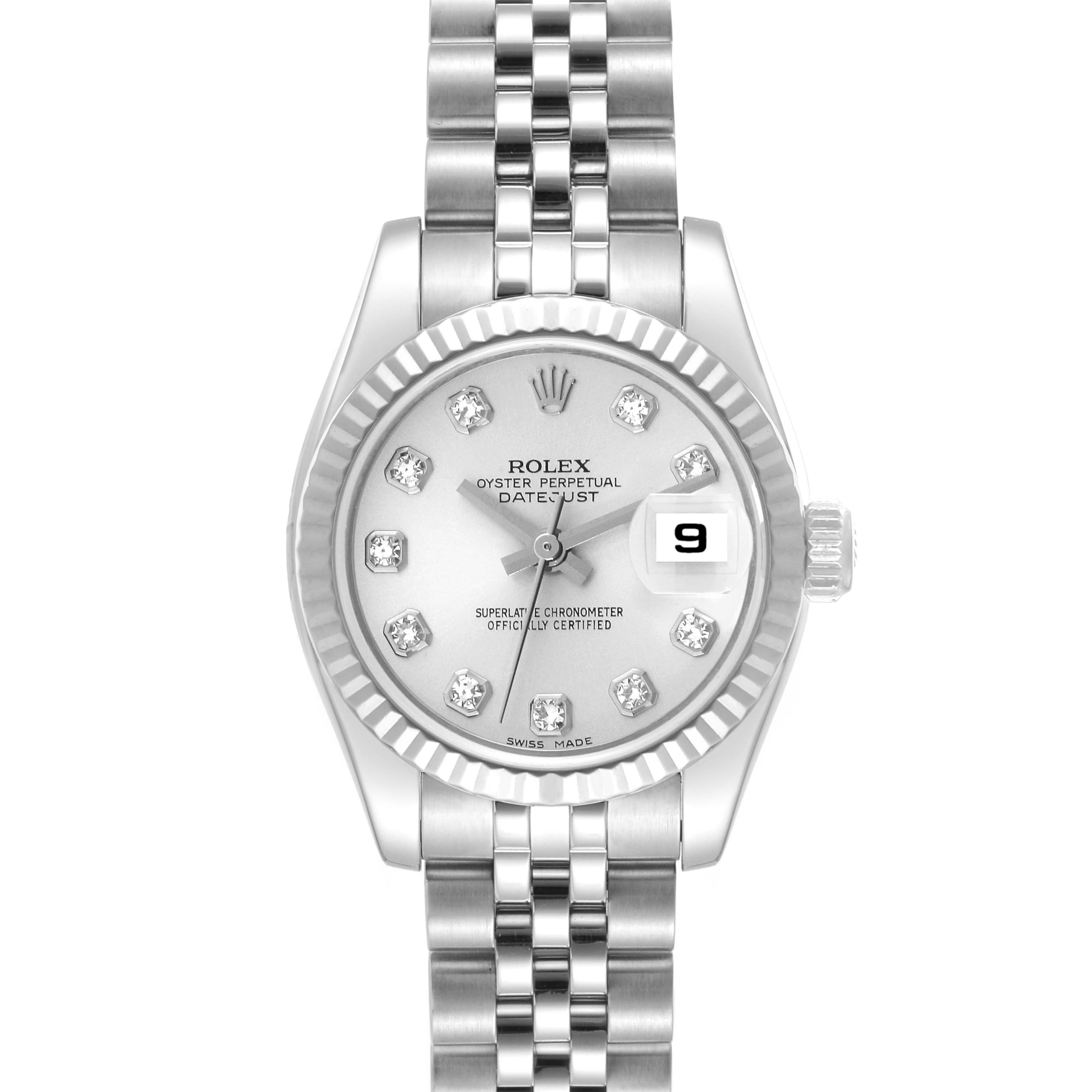 This Rolex Datejust 179174 Women's Stainless Steel Silver Dial 179174 Women's Stainless Steel Silver Dial watch is shown in a front view, displaying the dial, hands, date window, and bracelet.